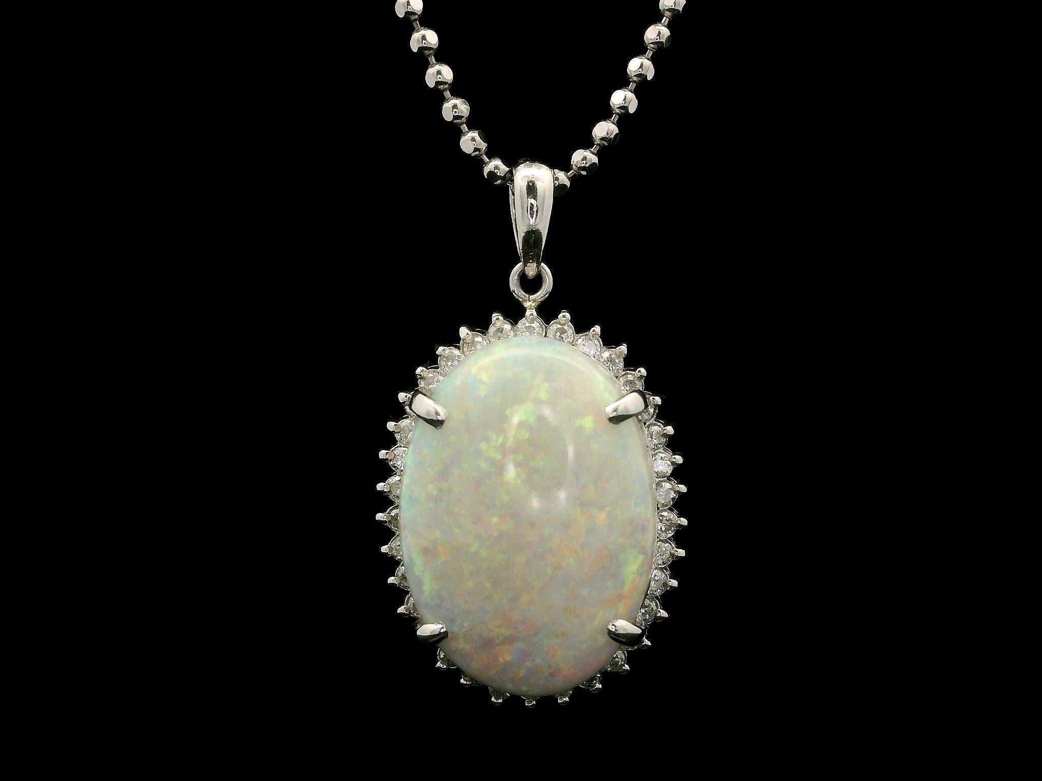 Platinum Oval Cabochon Large Opal w/ Diamond Halo Pendant on 18' Ball Bead Chain For Sale 4