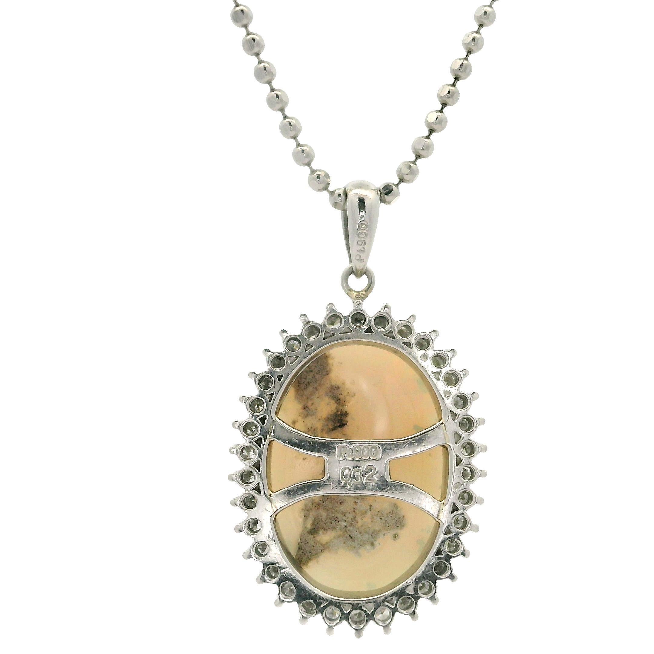 Platinum Oval Cabochon Large Opal w/ Diamond Halo Pendant on 18' Ball Bead Chain For Sale 5