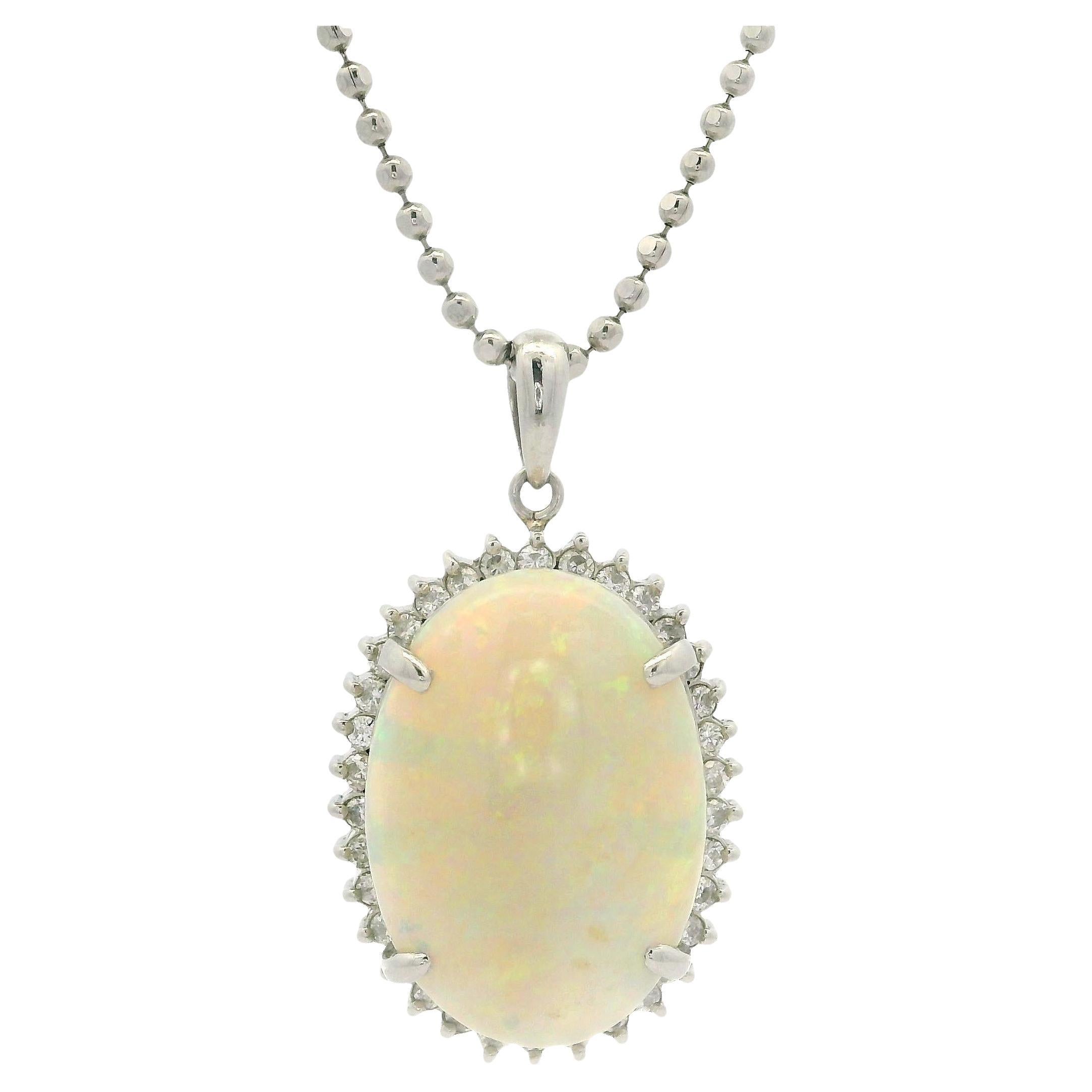 Platinum Oval Cabochon Large Opal w/ Diamond Halo Pendant on 18' Ball Bead Chain For Sale