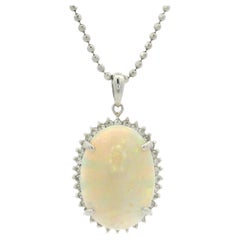Platinum Oval Cabochon Large Opal w/ Diamond Halo Pendant on 18' Ball Bead Chain