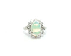 Platinum Oval Cabochon Lively Colorful Opal w/ Diamond Halo Flower Ring
