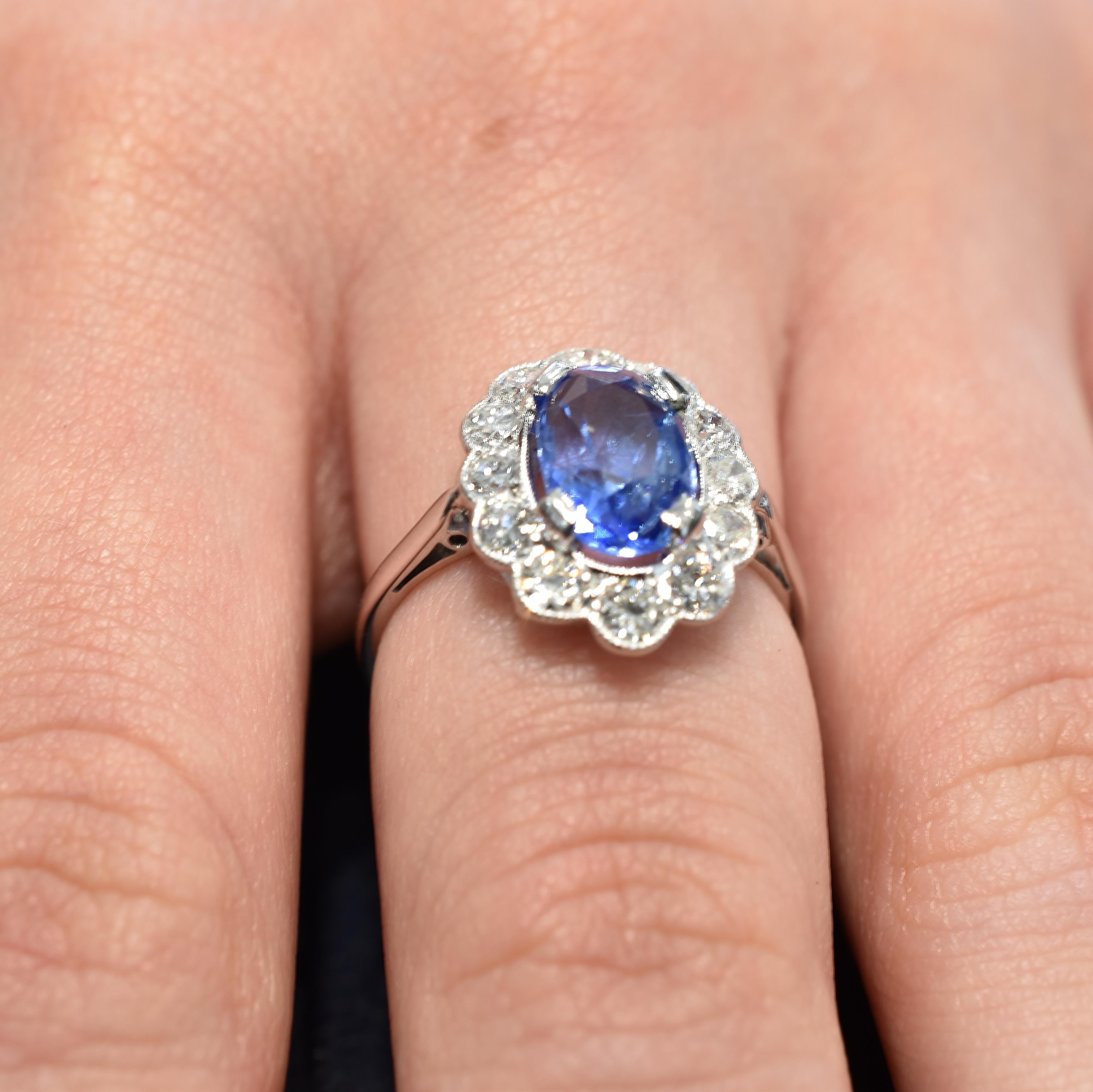 Platinum Oval Ceylon Sapphire and Semi Modern Cut Diamond Scalloped Cluster Ring In Excellent Condition In Armadale, Victoria