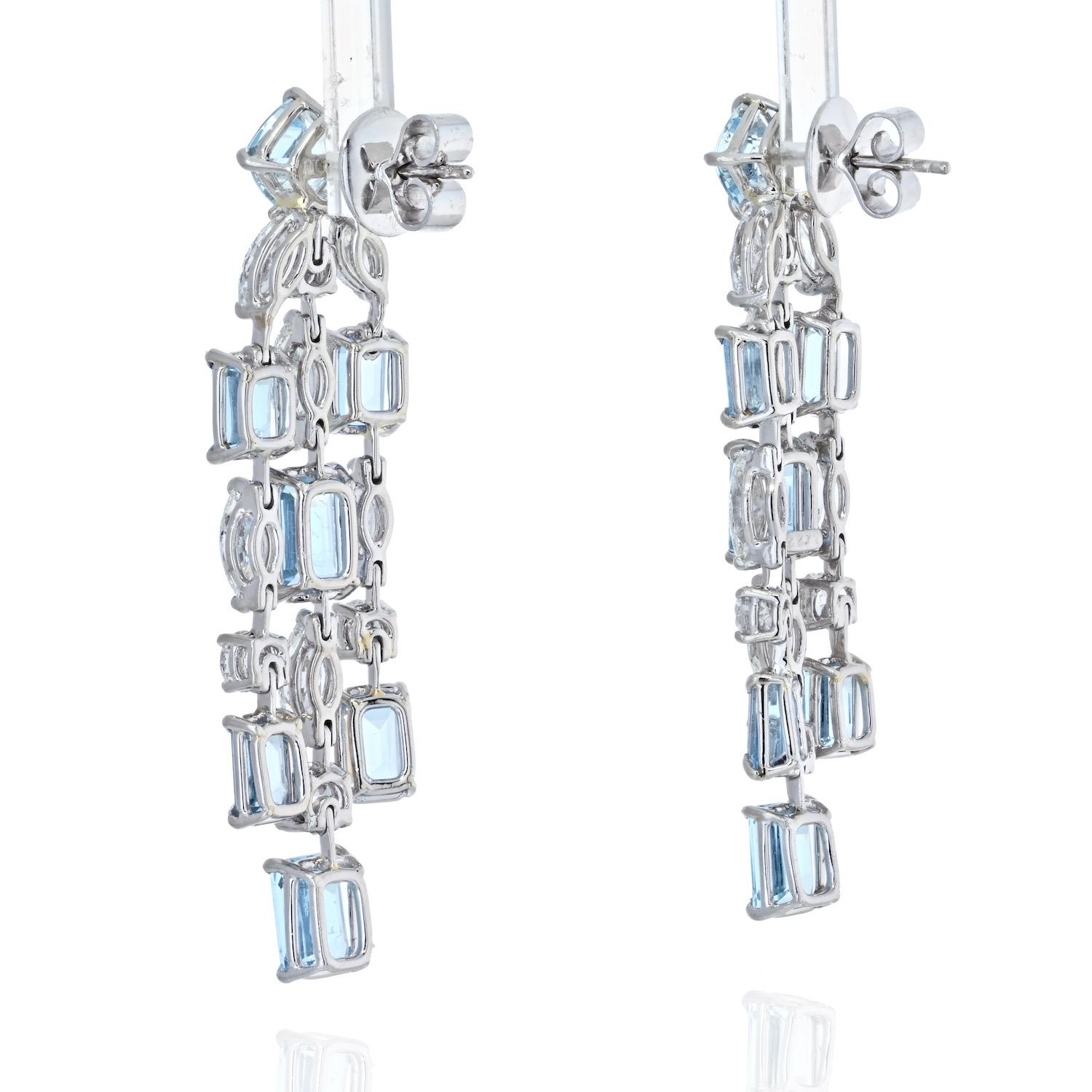 Modern Platinum Oval Cut Chandelier Aquamarine and Diamond Earrings