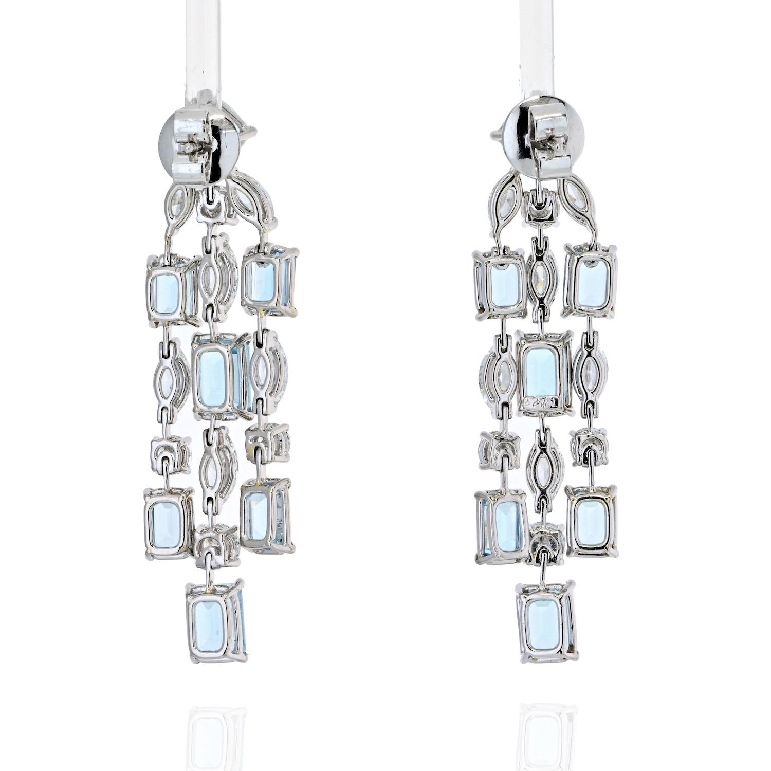 Platinum Oval Cut Chandelier Aquamarine and Diamond Earrings In Excellent Condition In New York, NY