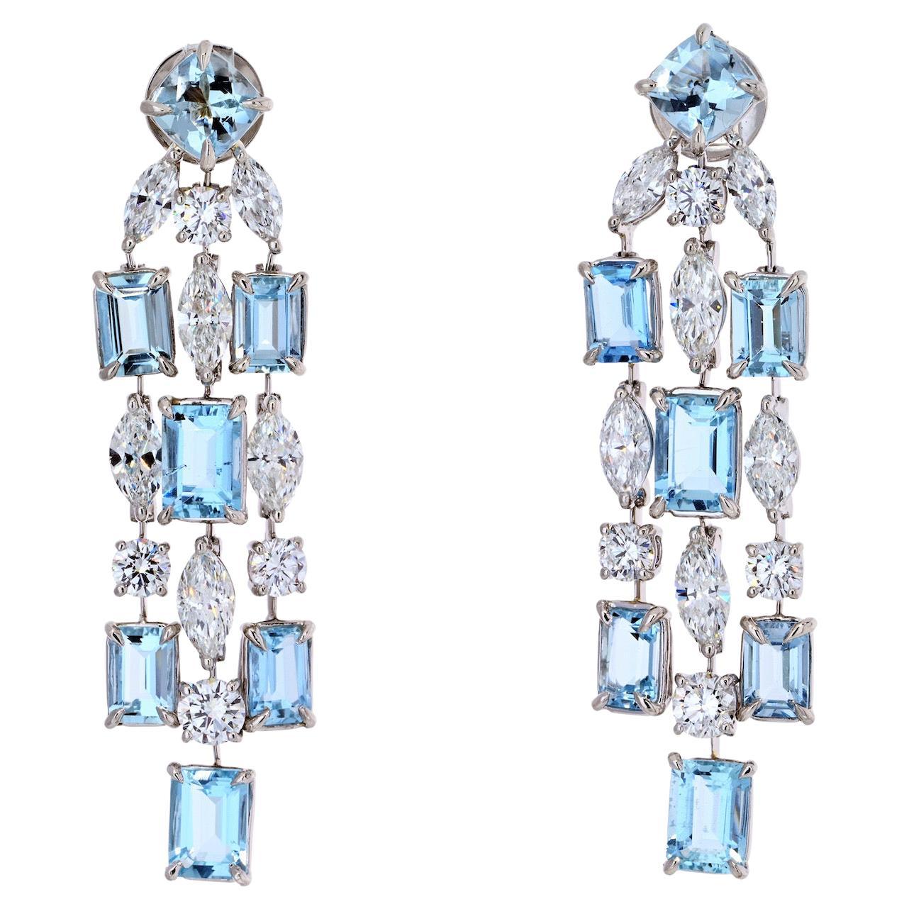 Platinum Oval Cut Chandelier Aquamarine and Diamond Earrings
