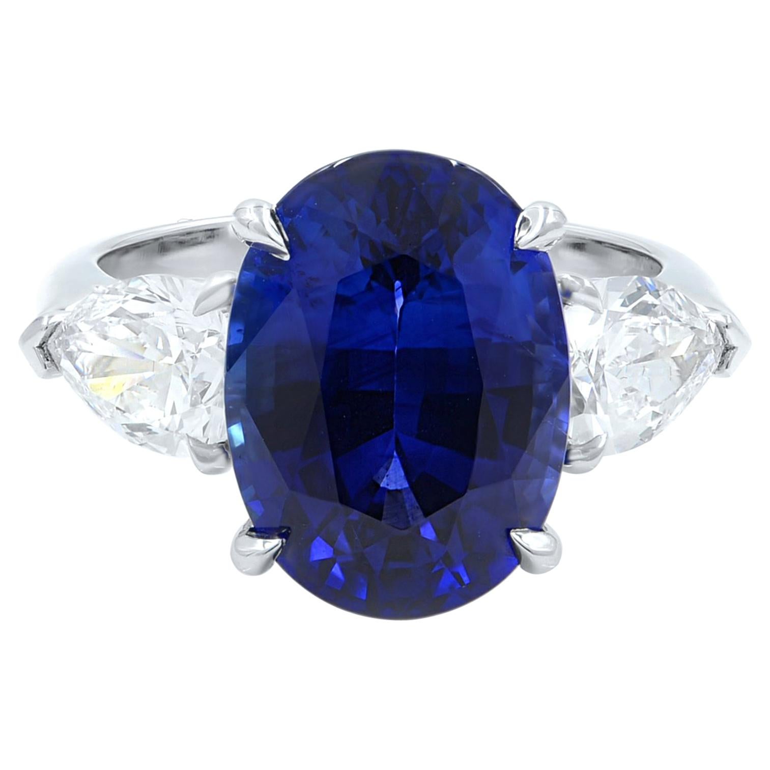 Platinum Oval Cut Sapphire and Diamonds Three-Stone Ring CDC 5.13 Carat ...