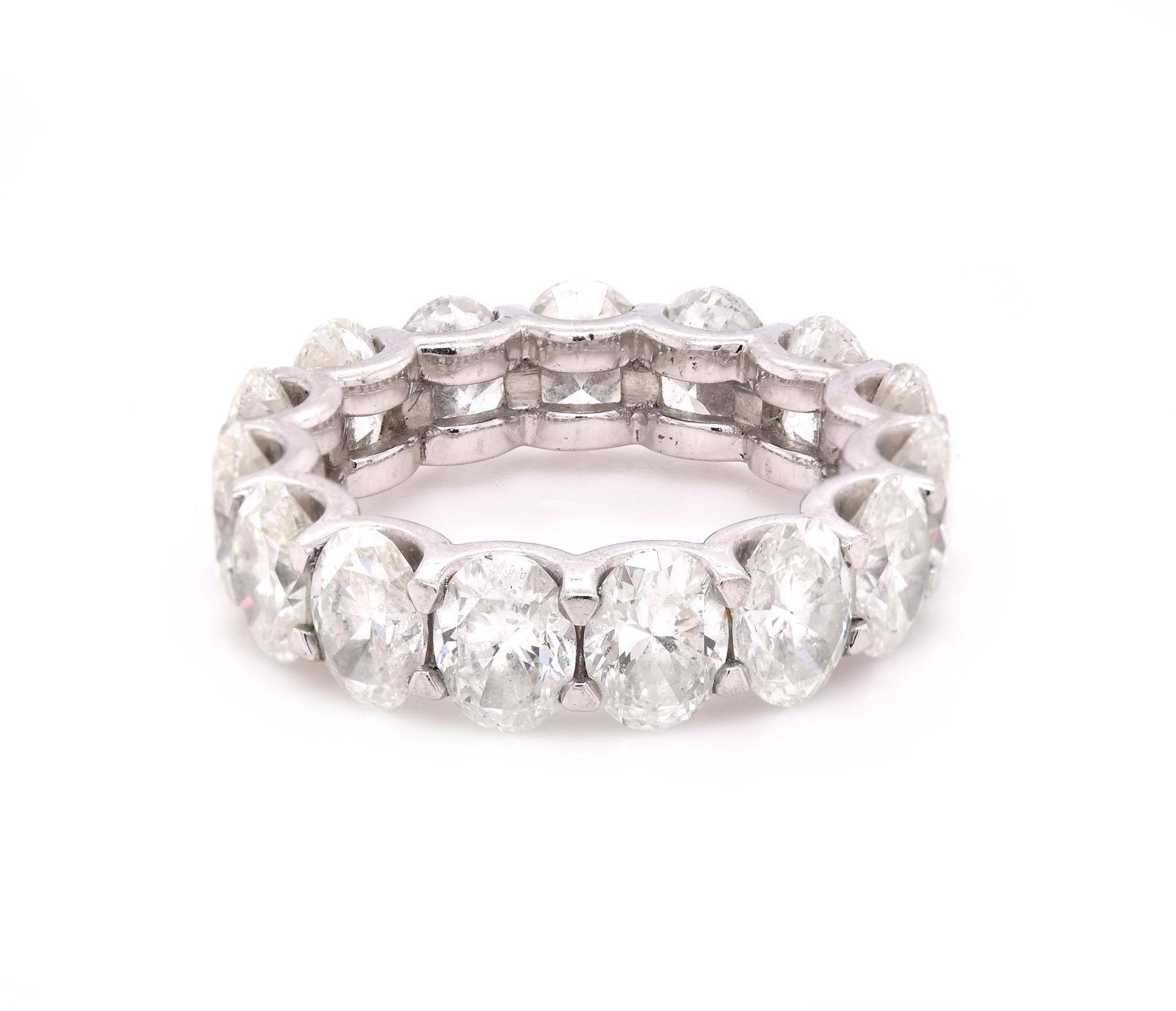 Designer: custom
Material: Platinum 
Diamonds: 15 baguette cuts = 7.67cttw
Color: G
Clarity: VS
Size: 6 (please allow two additional shipping days for sizing requests)  
Dimensions: ring measures 6.20mm in width
Weight: 8.48 grams