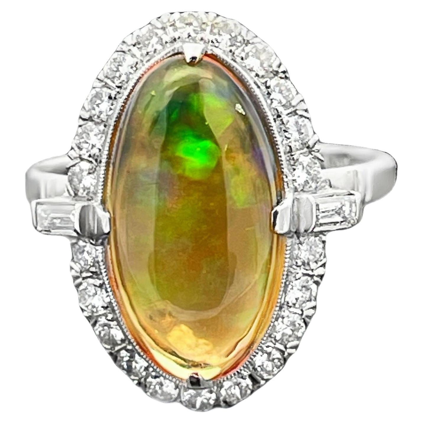 Platinum Oval Fire Opal Ring with Diamond Halo For Sale