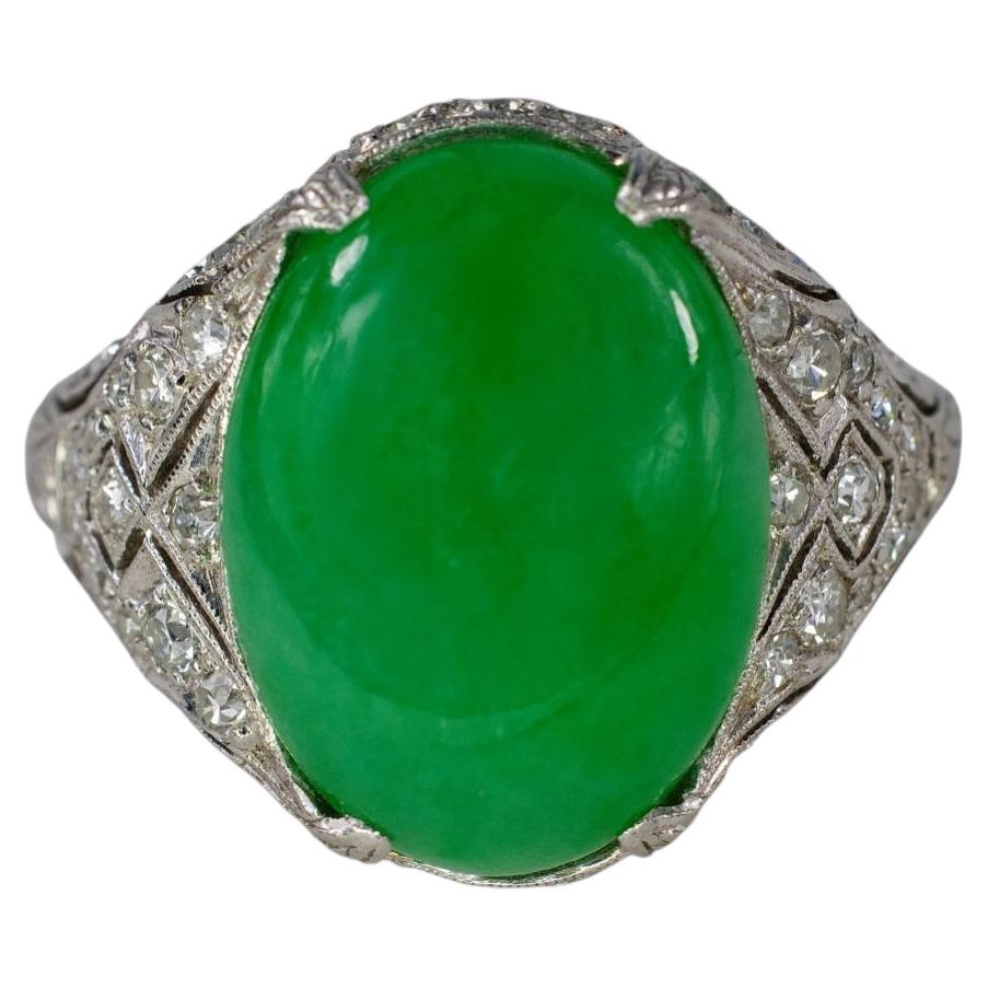 Platinum Oval Green Jadeite Jade Cabochon and Diamond Filigree Ring