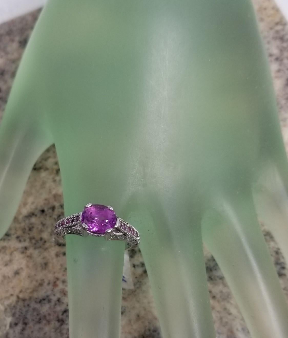 Oval Cut Platinum Oval Pink Sapphire and Diamond Ring For Sale