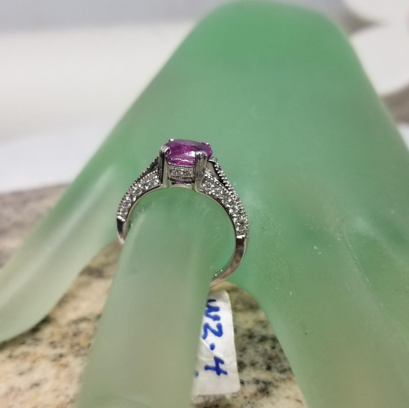 Platinum Oval Pink Sapphire and Diamond Ring In New Condition For Sale In Los Angeles, CA