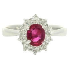 Platinum Oval Ruby & Diamond Halo Dainty Cluster Cocktail Ring