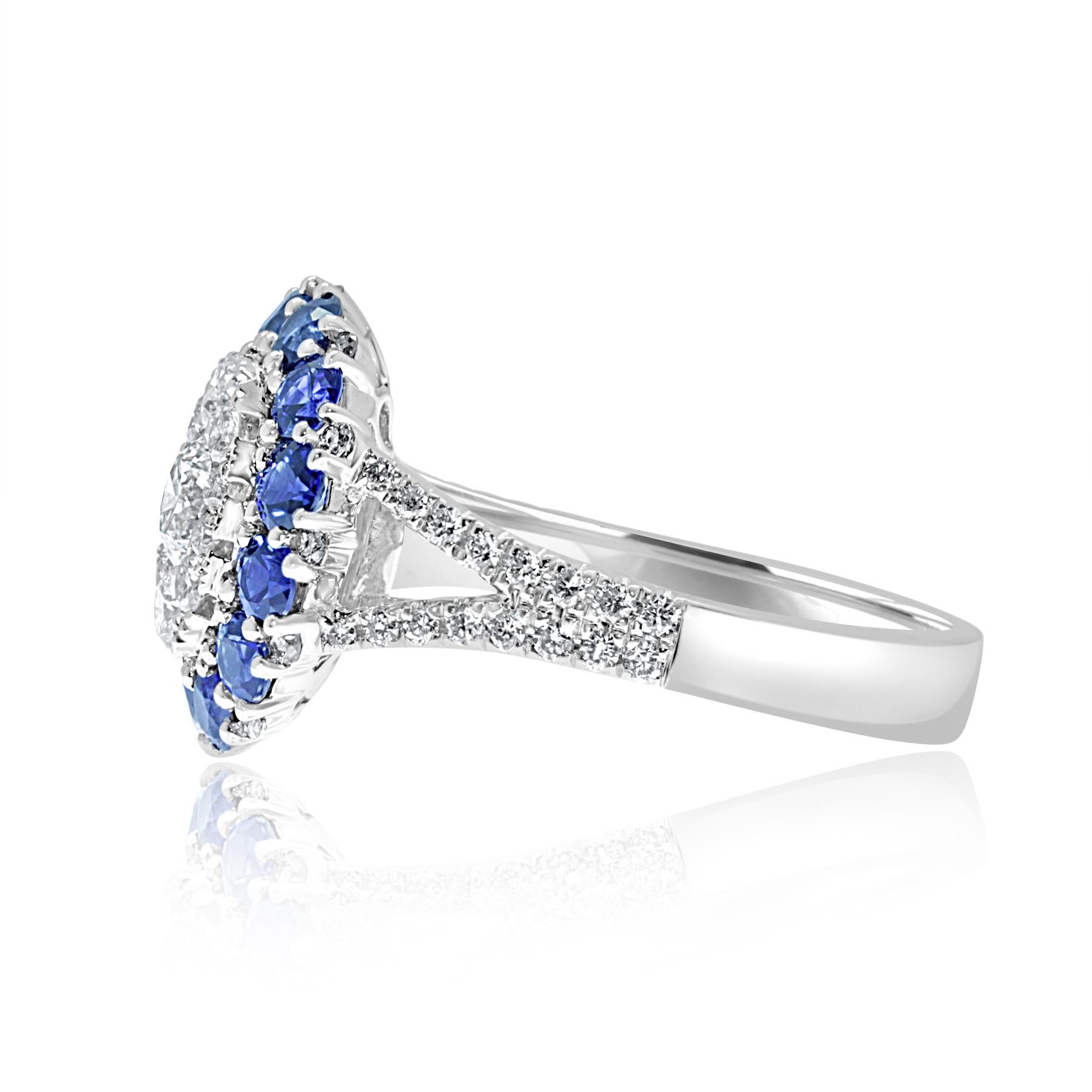 Contemporary Platinum 'PT950' Oval Shape Split Band Ring with Blue Sapphires and Diamonds For Sale