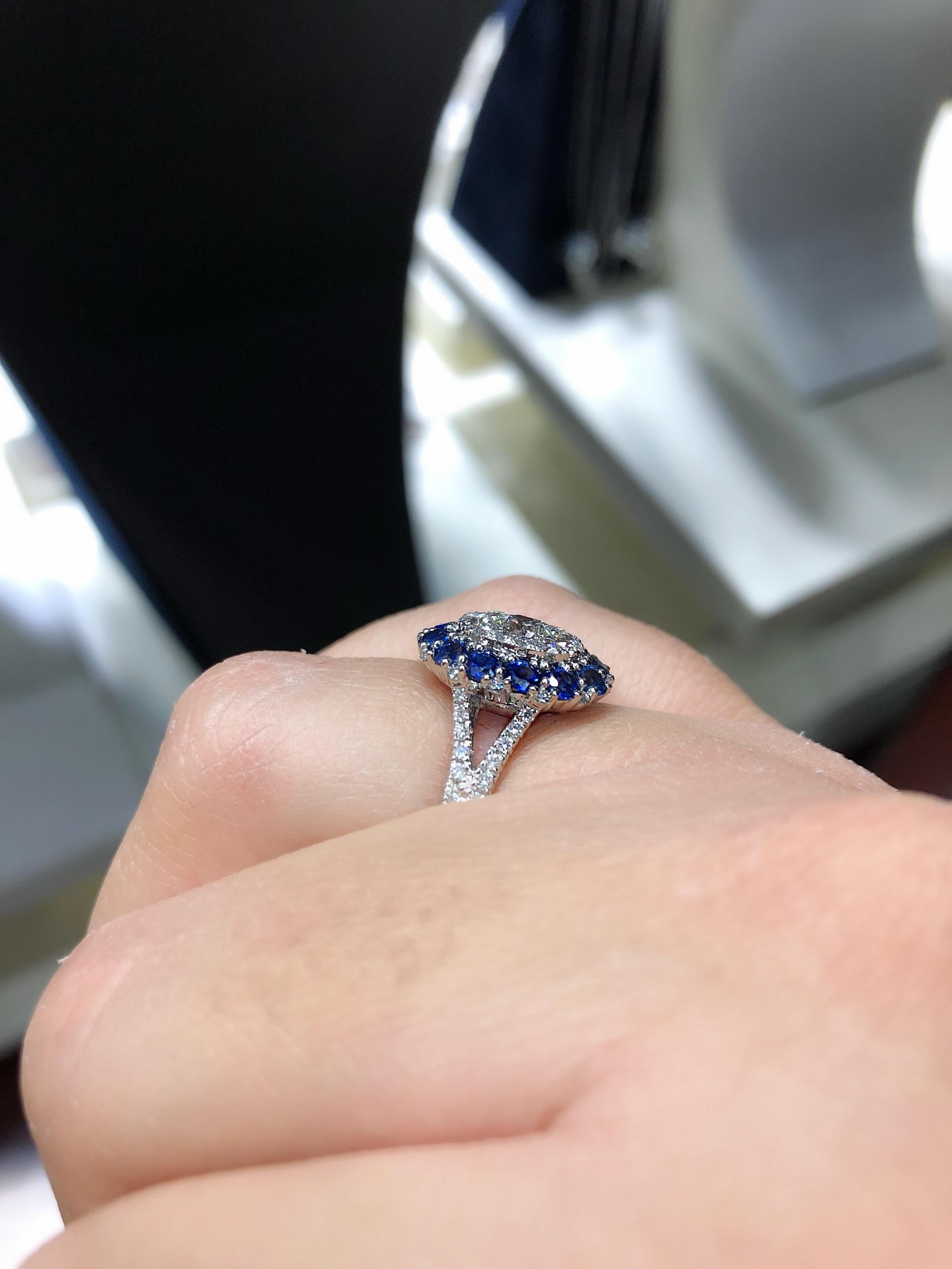 Women's Platinum 'PT950' Oval Shape Split Band Ring with Blue Sapphires and Diamonds For Sale