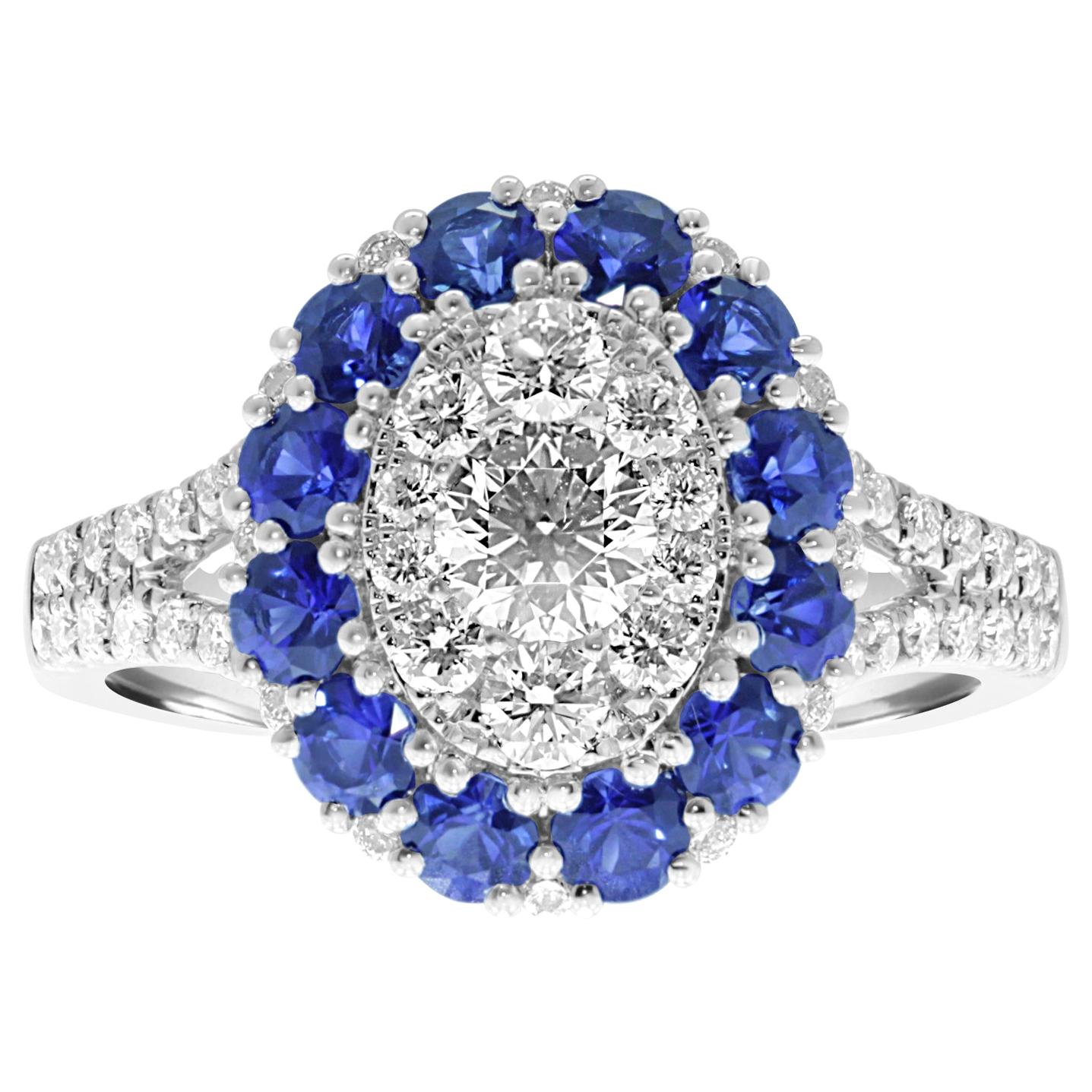 Platinum 'PT950' Oval Shape Split Band Ring with Blue Sapphires and Diamonds For Sale