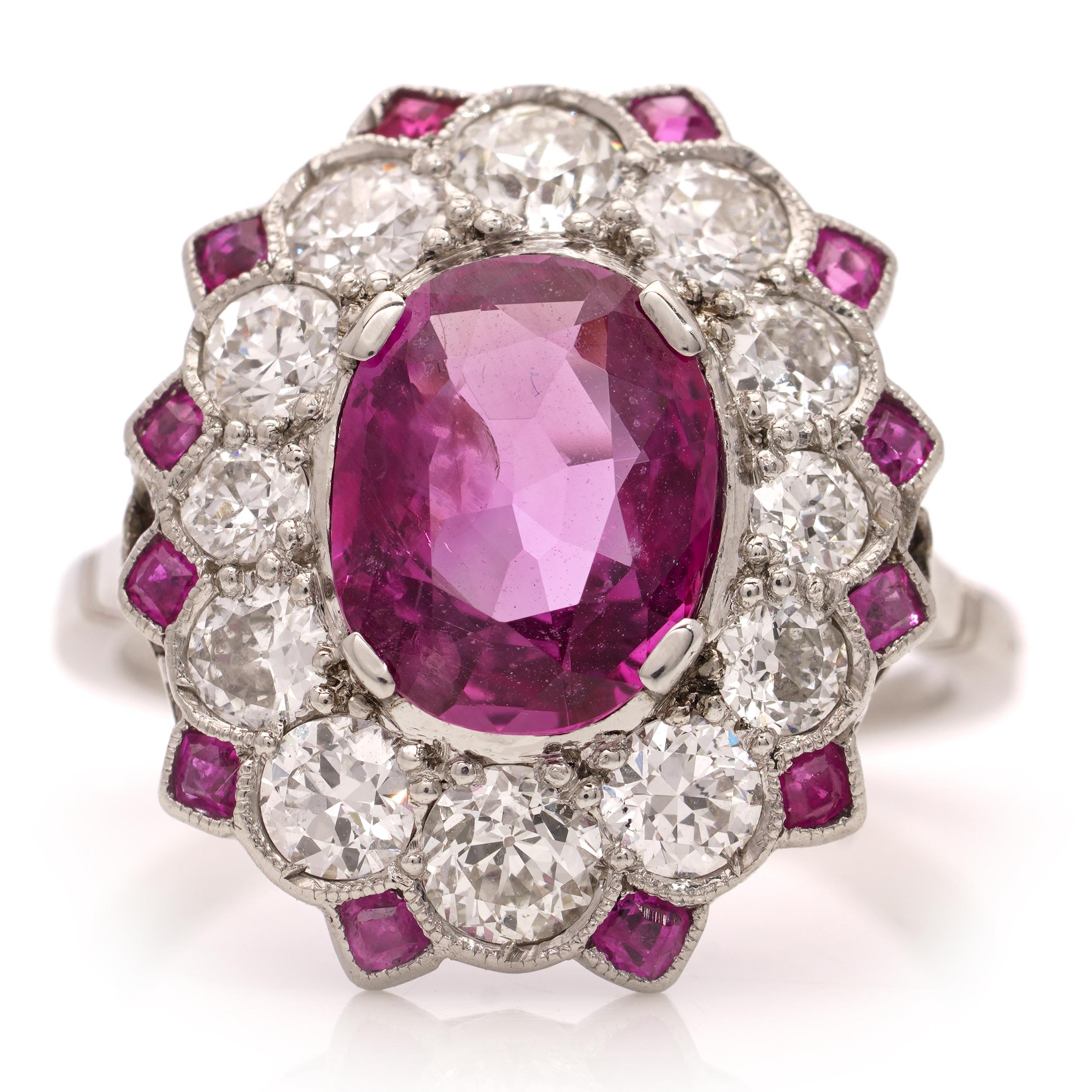 Oval Cut Platinum oval-shaped 2.25 cts. Natural Burma ruby cluster ring  For Sale