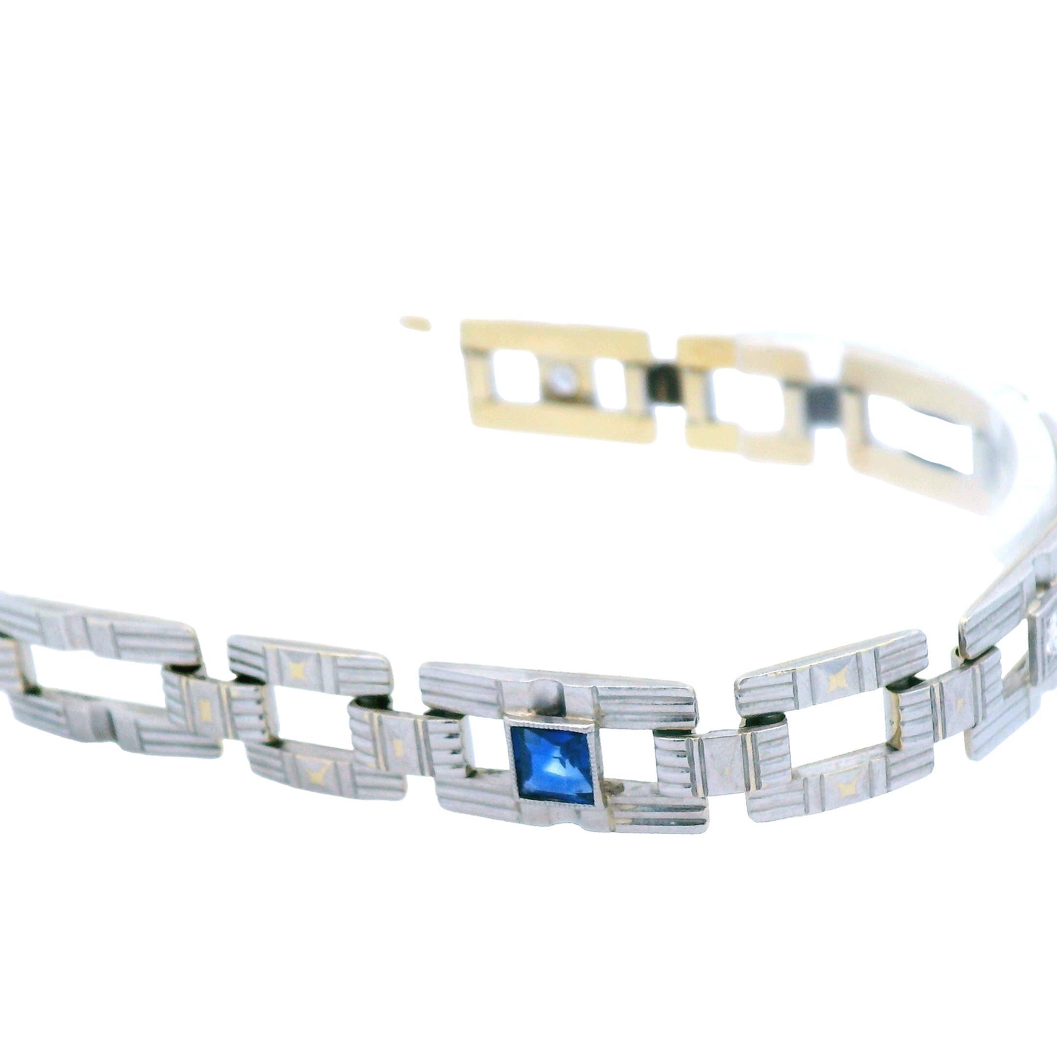 Bracelet en platine et or jaune 14k avec saphirs et diamants 1915 Art Deco en vente 3