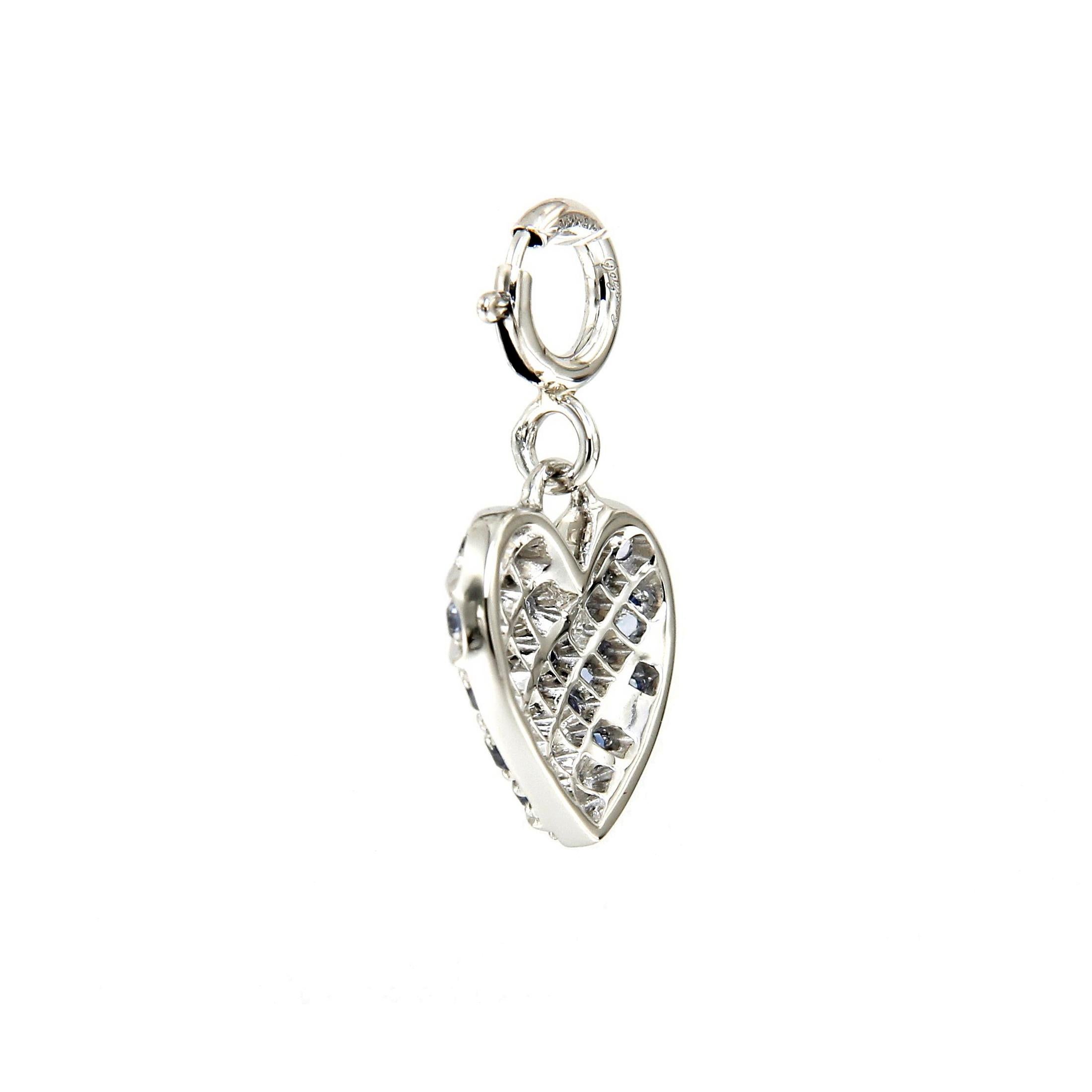 Round Cut AENEA Palladium Platinum Blue Sapphires Heart Charm Pendant For Sale