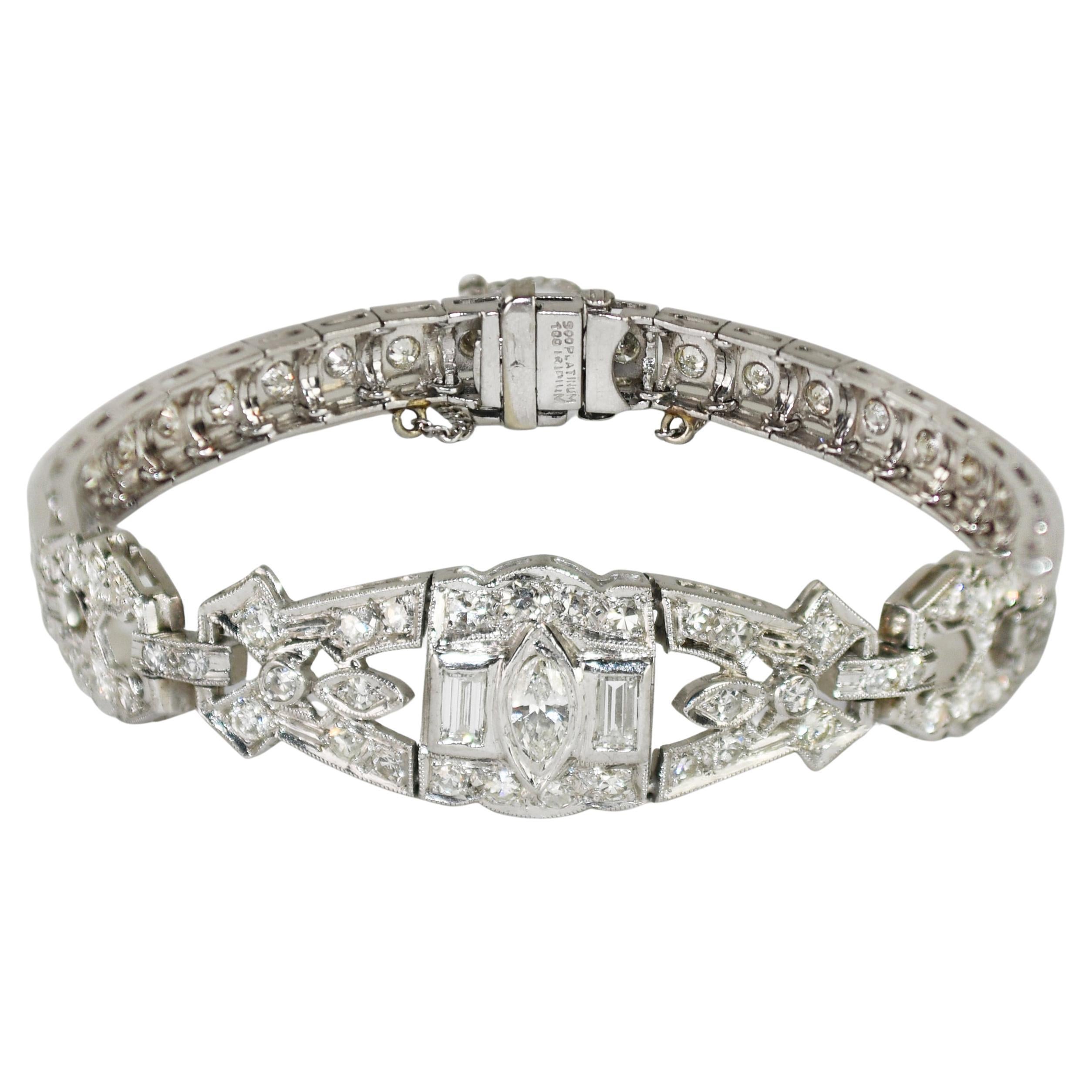 Bracelet Art Déco en platine et palladium avec diamants 3.00ct