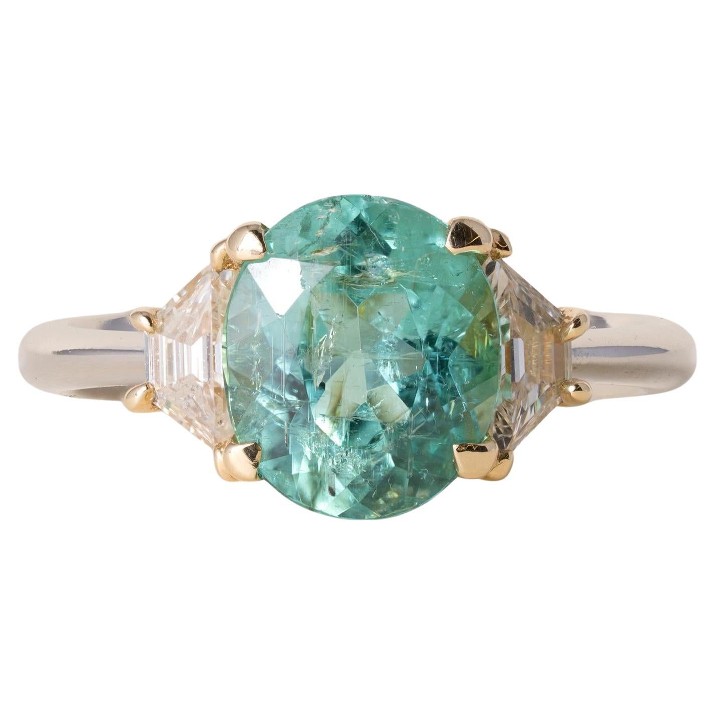 Platinum Paraiba 2.26 Carat Oval and Trapezoid Diamond Ring For Sale