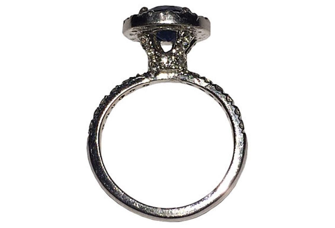 Women's Platinum Pavé Diamond and Blue Sapphire Ring For Sale