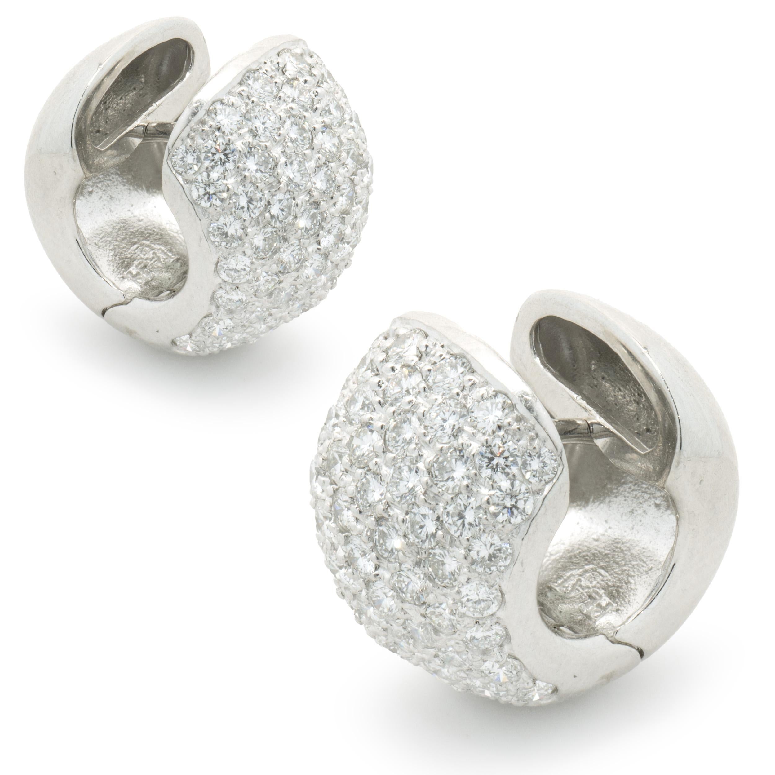 Designer: Custom
Material: platinum
Diamond: 118 round brilliant cut = 2.39cttw
Color: G
Clarity: VS1-2
Dimensions: earrings measure 16mm long
Weight: 15.56 grams
