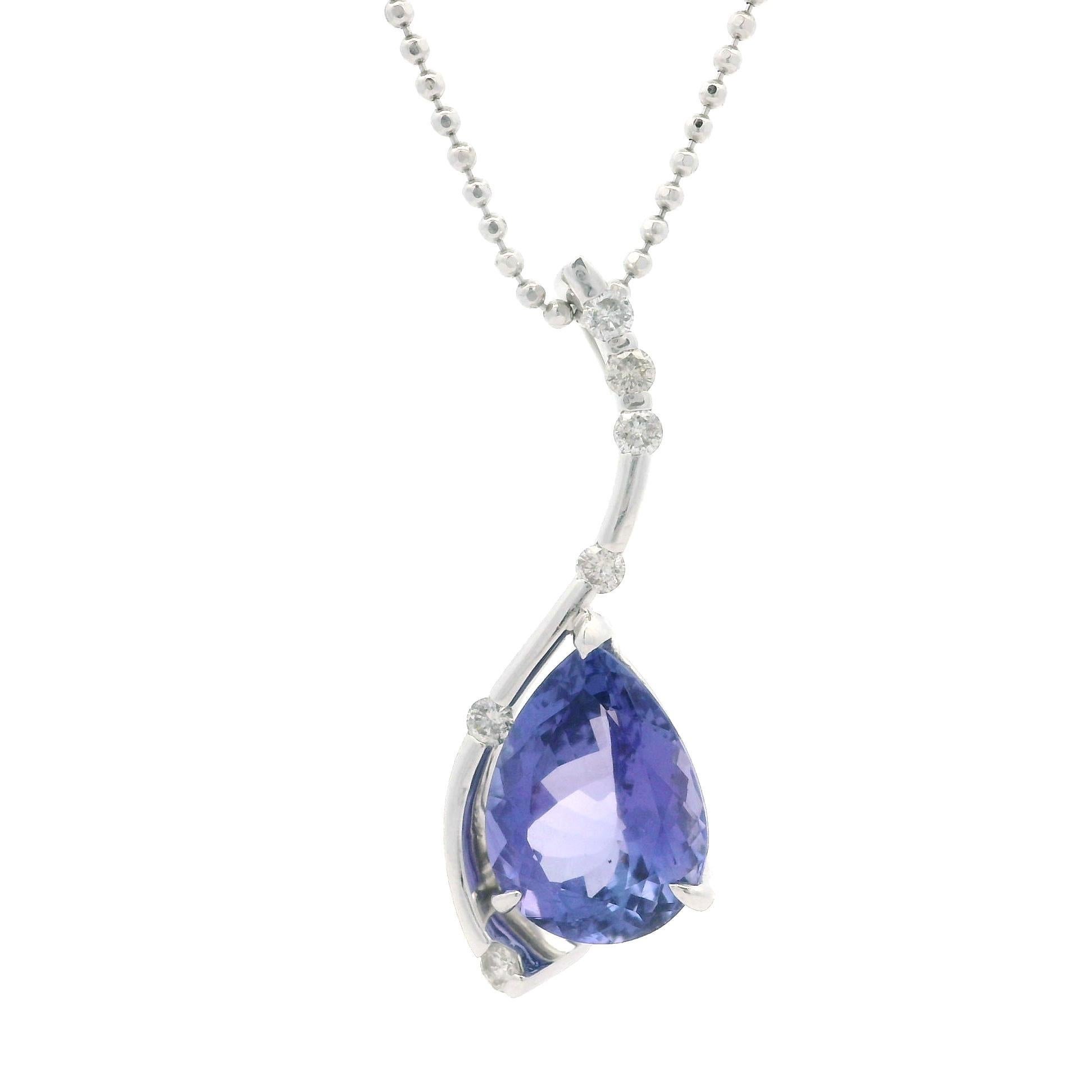Donna Platino Pear 4.33c Tanzanite Diamond Tear Drop Pendant Bead Ball Chain Necklace in vendita