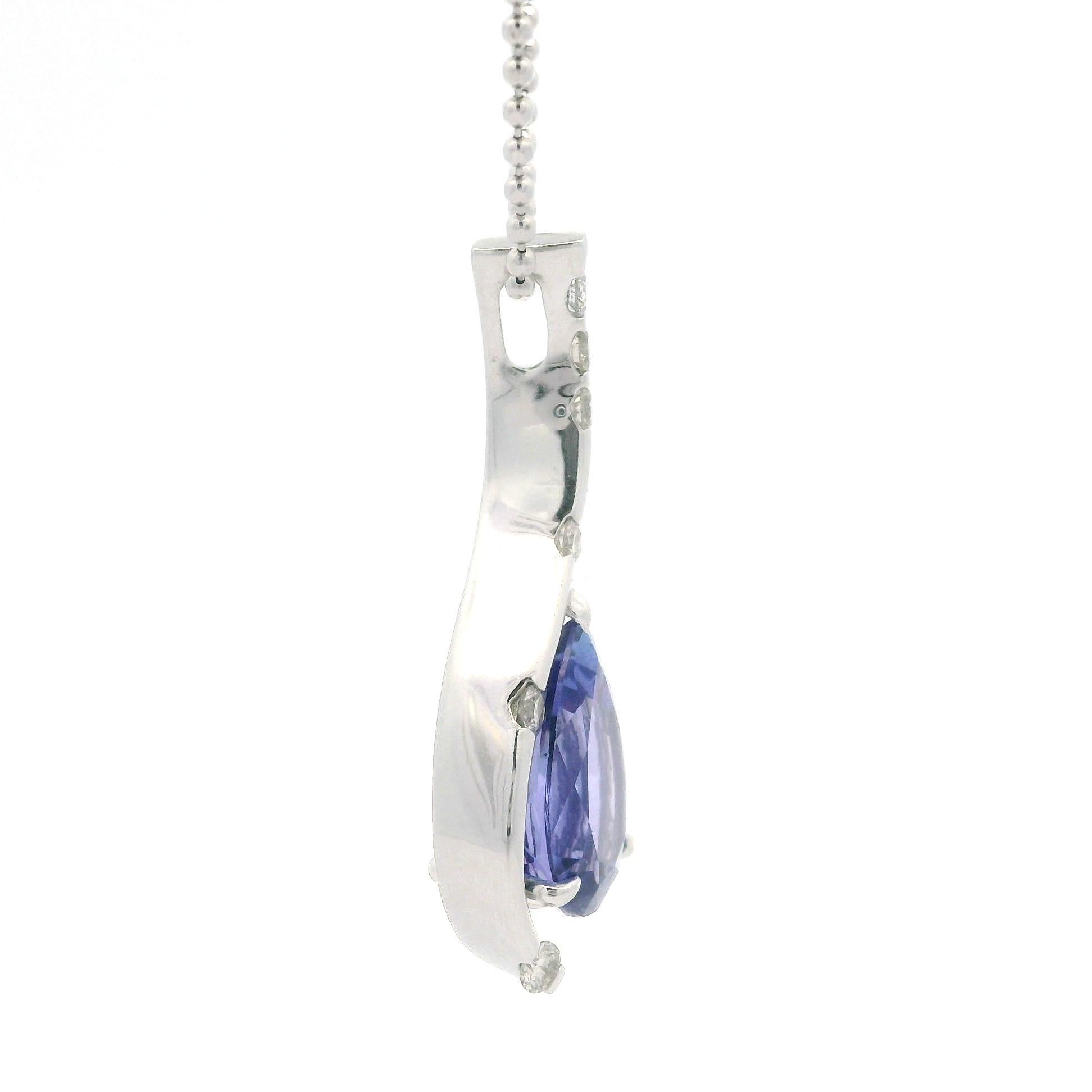 Platino Pear 4.33c Tanzanite Diamond Tear Drop Pendant Bead Ball Chain Necklace in vendita 2