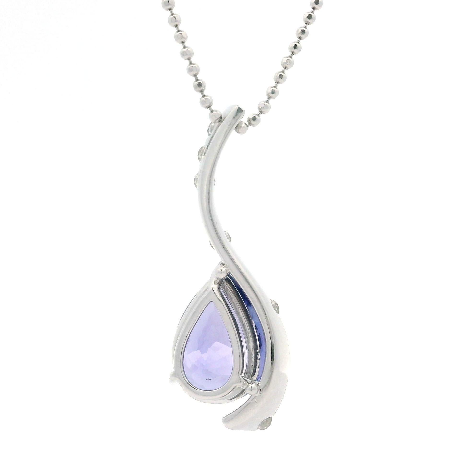 Platino Pear 4.33c Tanzanite Diamond Tear Drop Pendant Bead Ball Chain Necklace in vendita 3