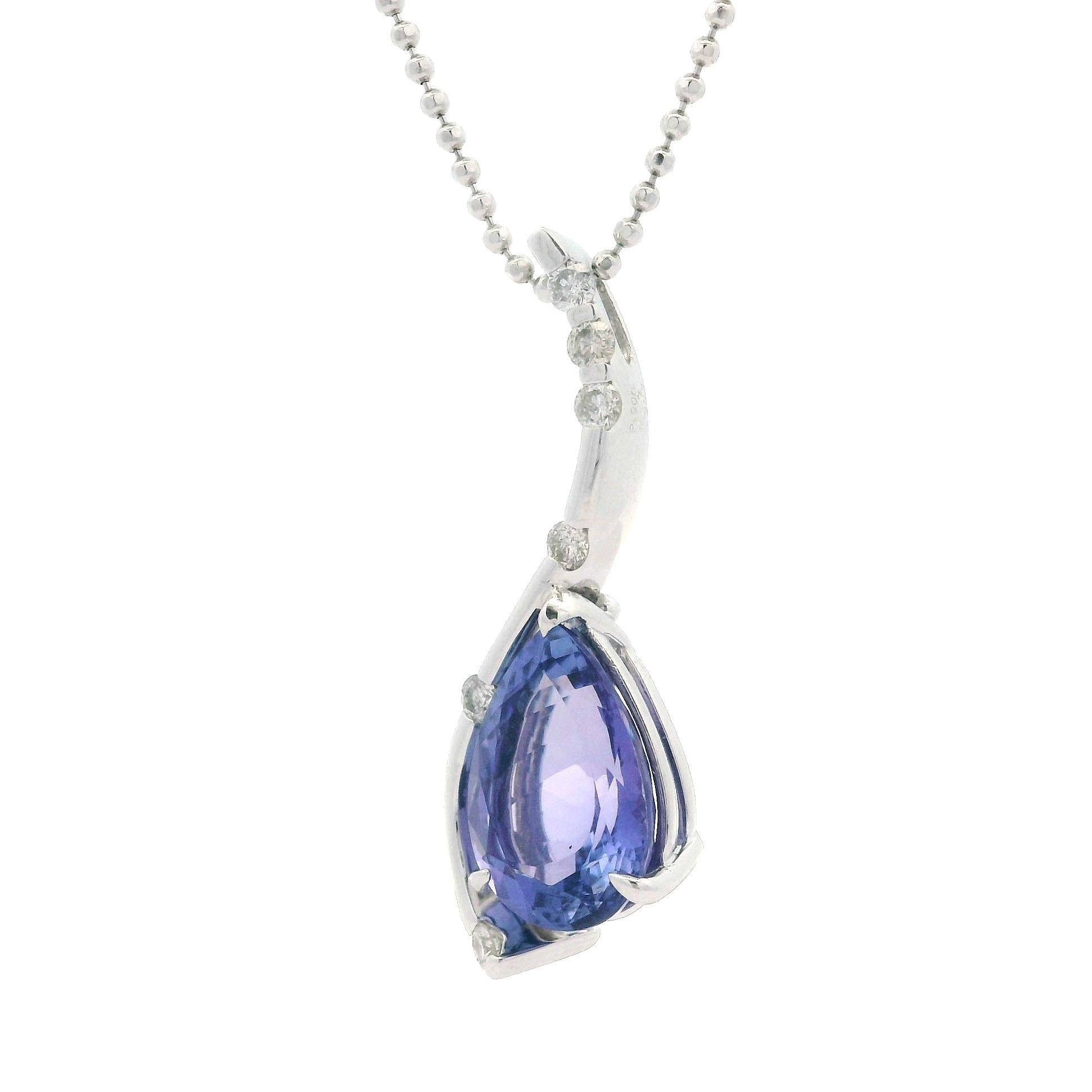 Platino Pear 4.33c Tanzanite Diamond Tear Drop Pendant Bead Ball Chain Necklace in vendita 4