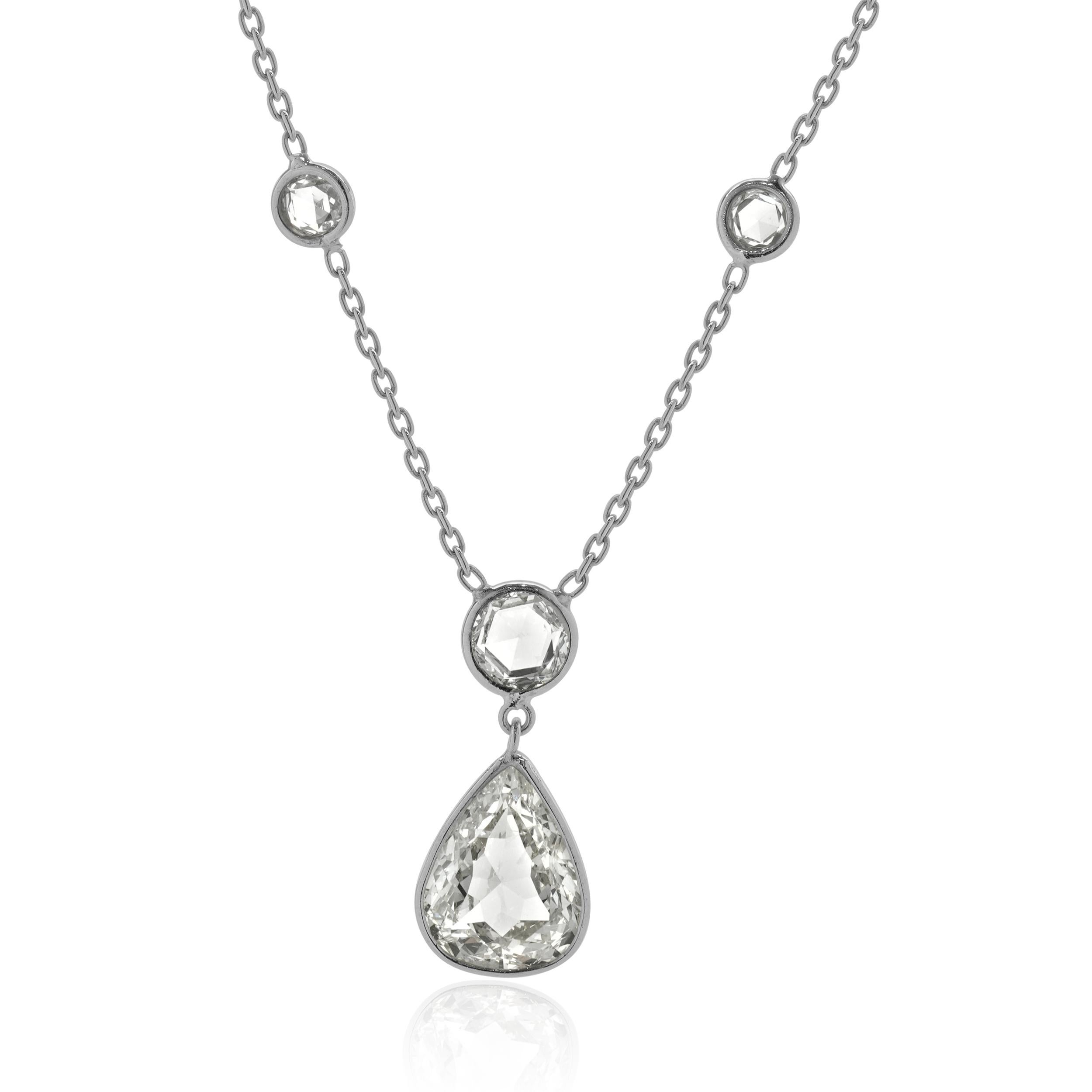 Pear Cut Platinum Pear and Rose Cut Diamond Drop Necklace For Sale