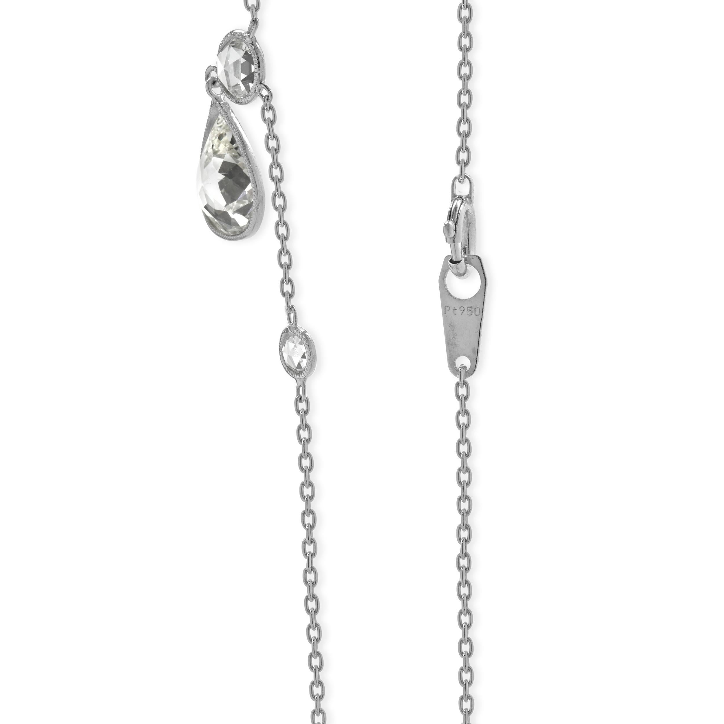Platinum Pear and Rose Cut Diamond Drop Necklace In Excellent Condition For Sale In Scottsdale, AZ