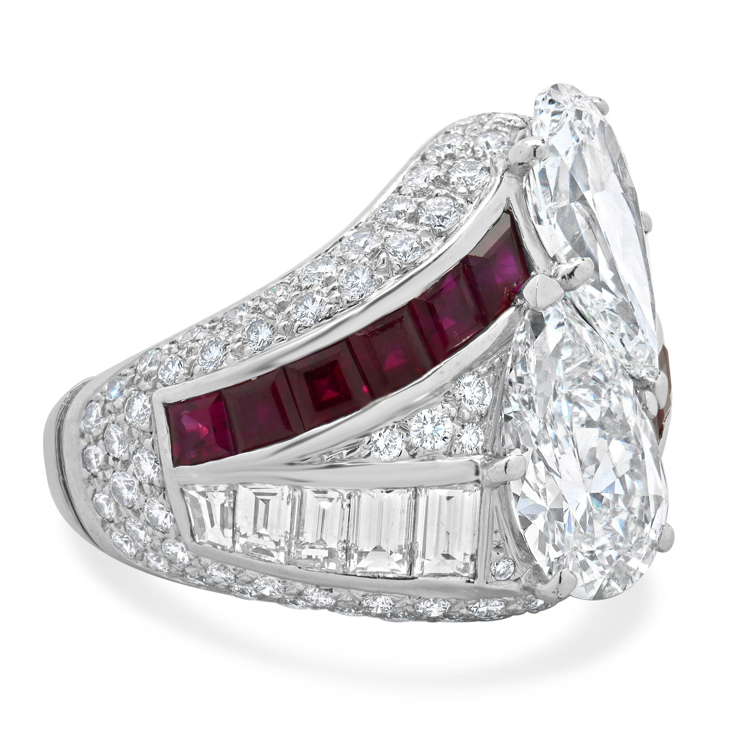 Women's Platinum Pear Cut Diamond and Ruby Bypass Cigar Band For Sale