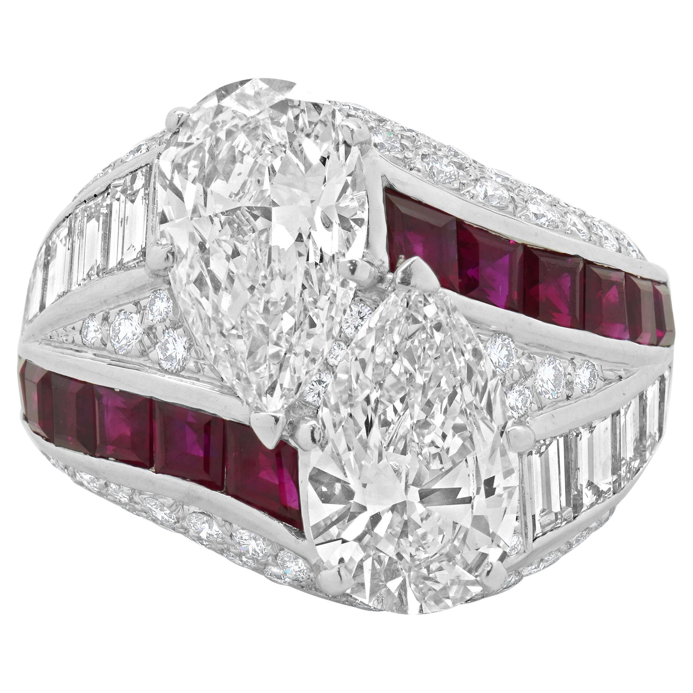 Platinum Pear Cut Diamond and Ruby Bypass Cigar Band For Sale