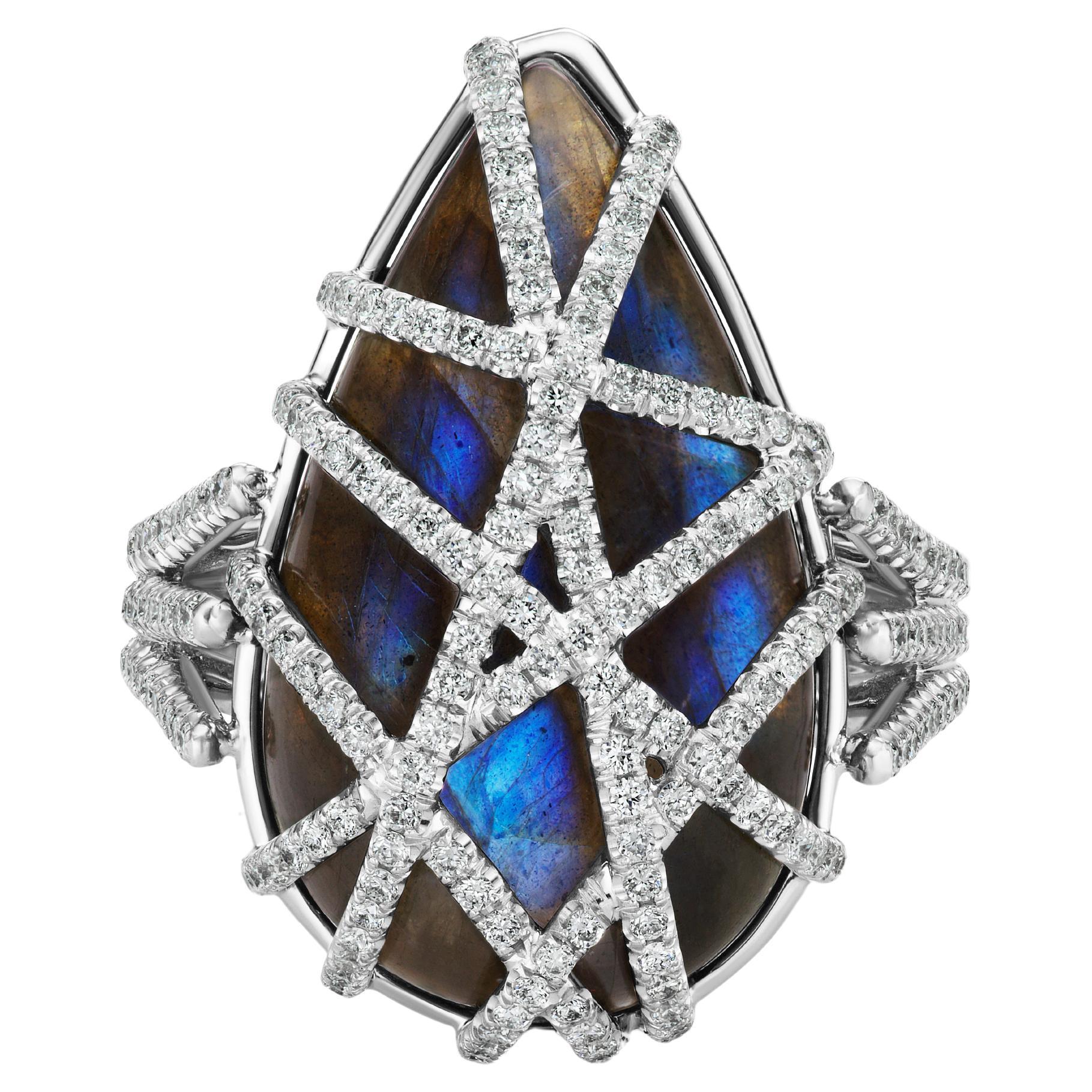 Pear Labradorite & Diamond Cage Criss-Cross Geometric Platinum Cocktail Ring For Sale