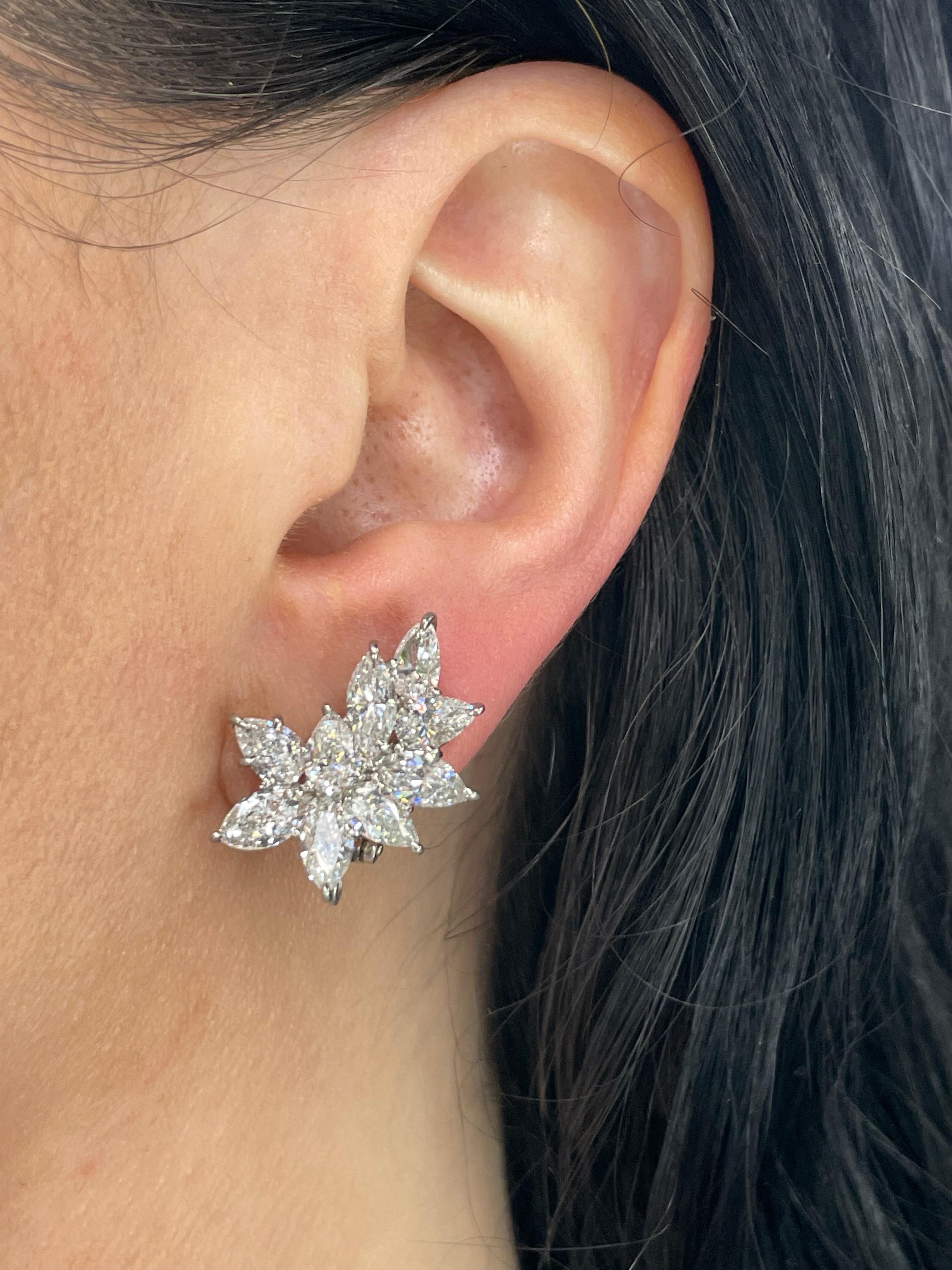 Crafted in Platinum, these cluster earrings feature 10 Pear Shape Diamonds & 8 Marquise Cut Diamonds weighing a total of 7.93 Carats.
Fresh Backing with a hook to add a Pearl or Gemstone.
Pearls are available.

DM for more pictures & videos.
These