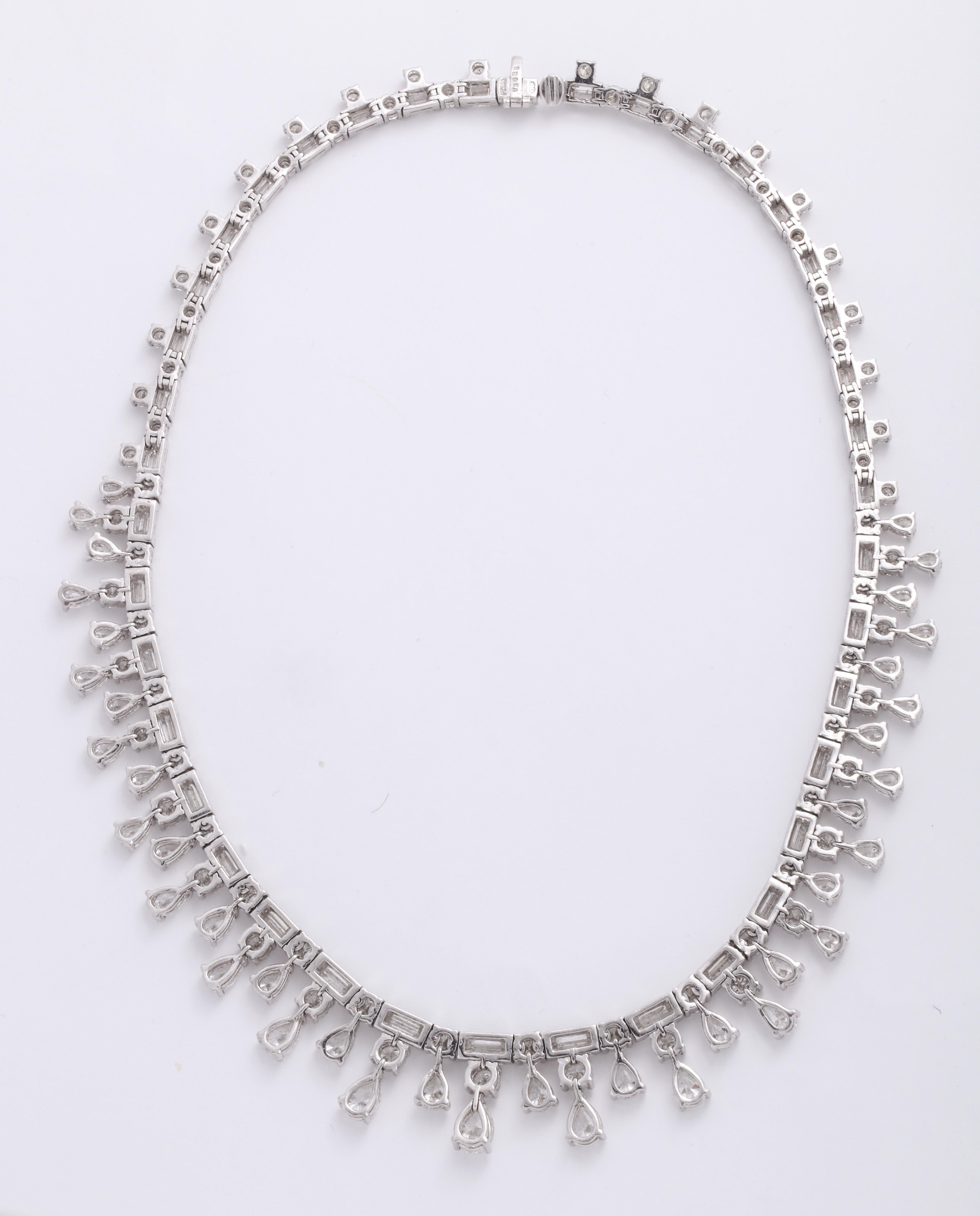 Women's Platinum, Pear Shape, Baguette and Round Brilliant Cut Diamond Necklace For Sale
