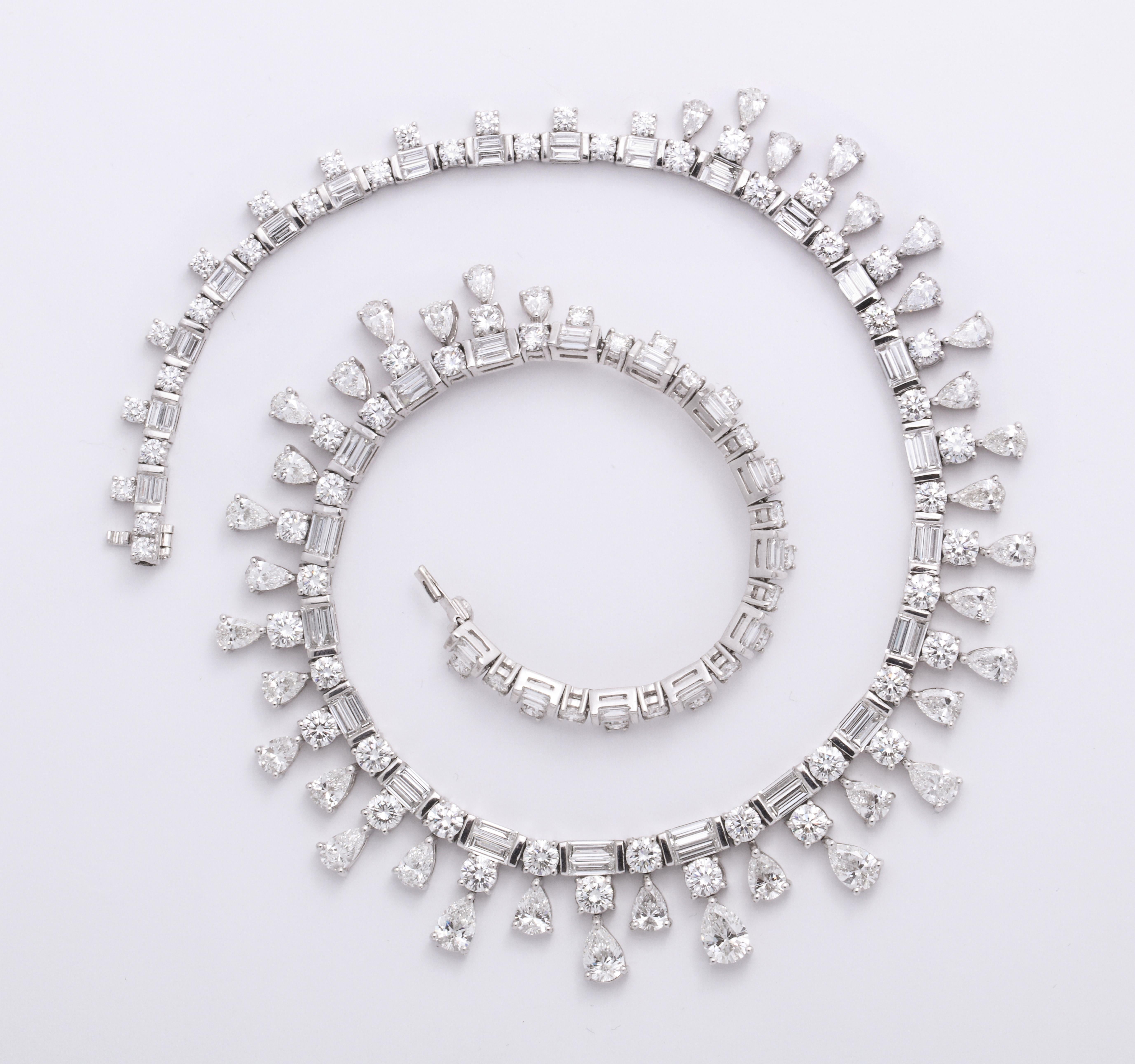 Platinum, Pear Shape, Baguette and Round Brilliant Cut Diamond Necklace For Sale 2