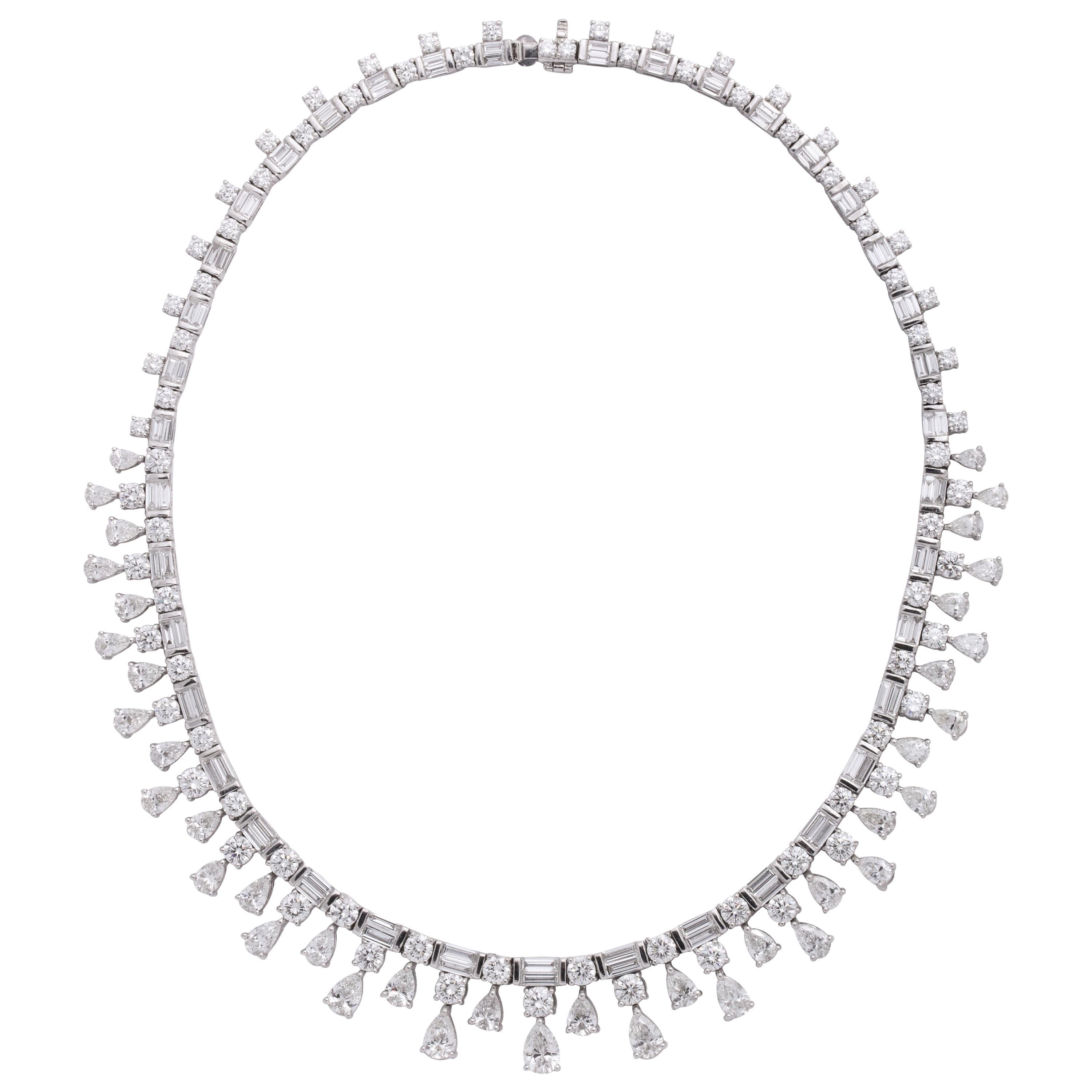 Platinum, Pear Shape, Baguette and Round Brilliant Cut Diamond Necklace For Sale
