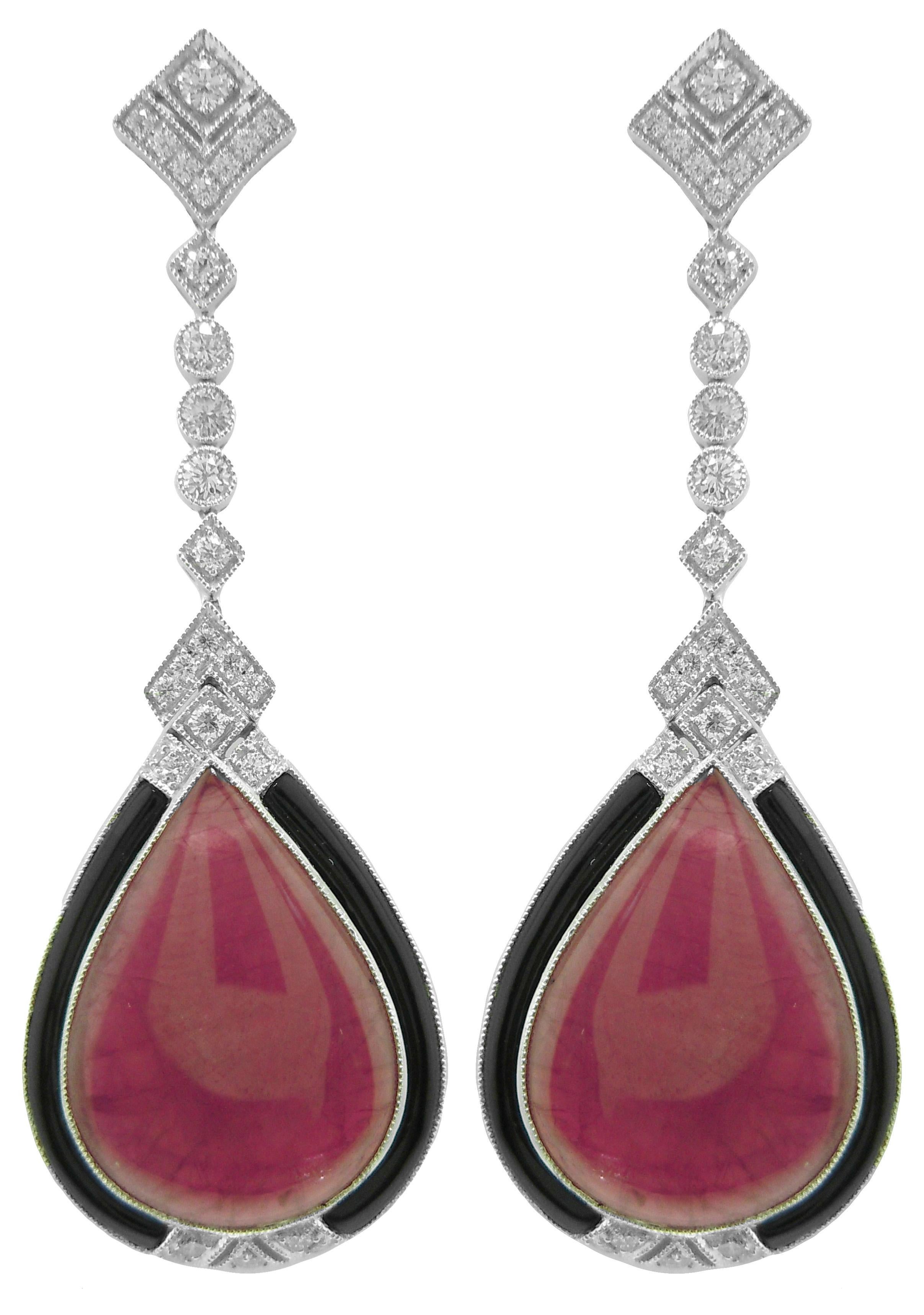 Platin-Ohrringe mit birnenförmigem Cabochon, Rubin, Diamant und schwarzem Onyx im Zustand „Gut“ im Angebot in Philadelphia, PA