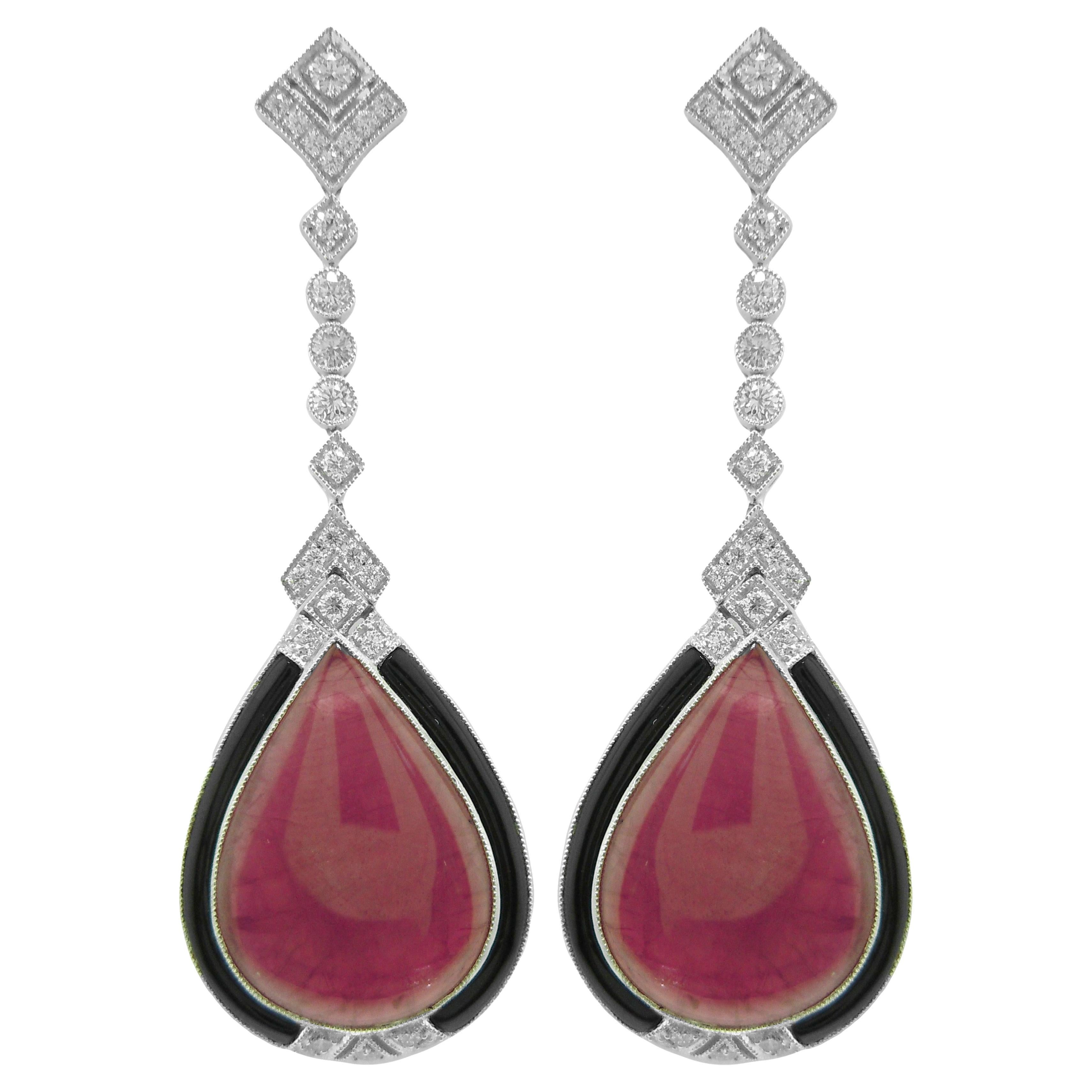 Platin-Ohrringe mit birnenförmigem Cabochon, Rubin, Diamant und schwarzem Onyx im Angebot