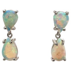Platinum Pear shape Opal Drop Earrings with Very Lively Color