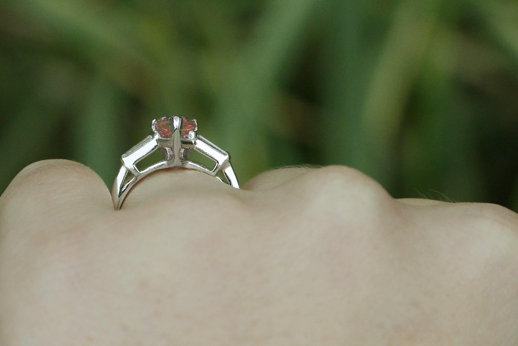 Art Deco Platinum Pear Shape Pink Sapphire Diamond Engagement Ring For Sale