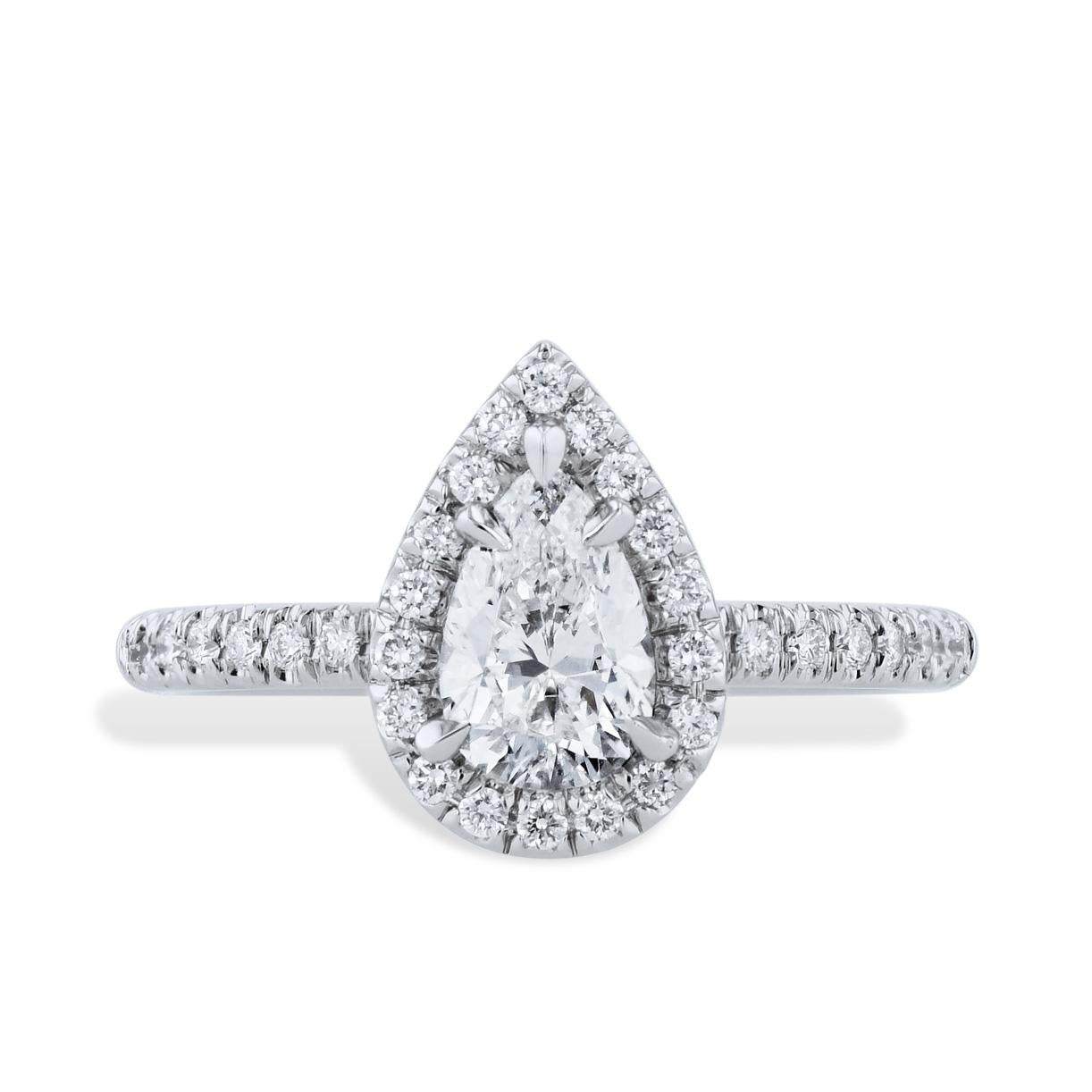 Modern Platinum Pear Shaped Diamond and Pave Engagement Ring For Sale
