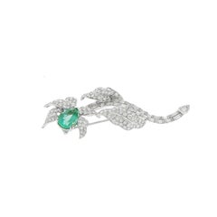 Platinum Pear Shaped Natural Beryl and Diamond Brooch