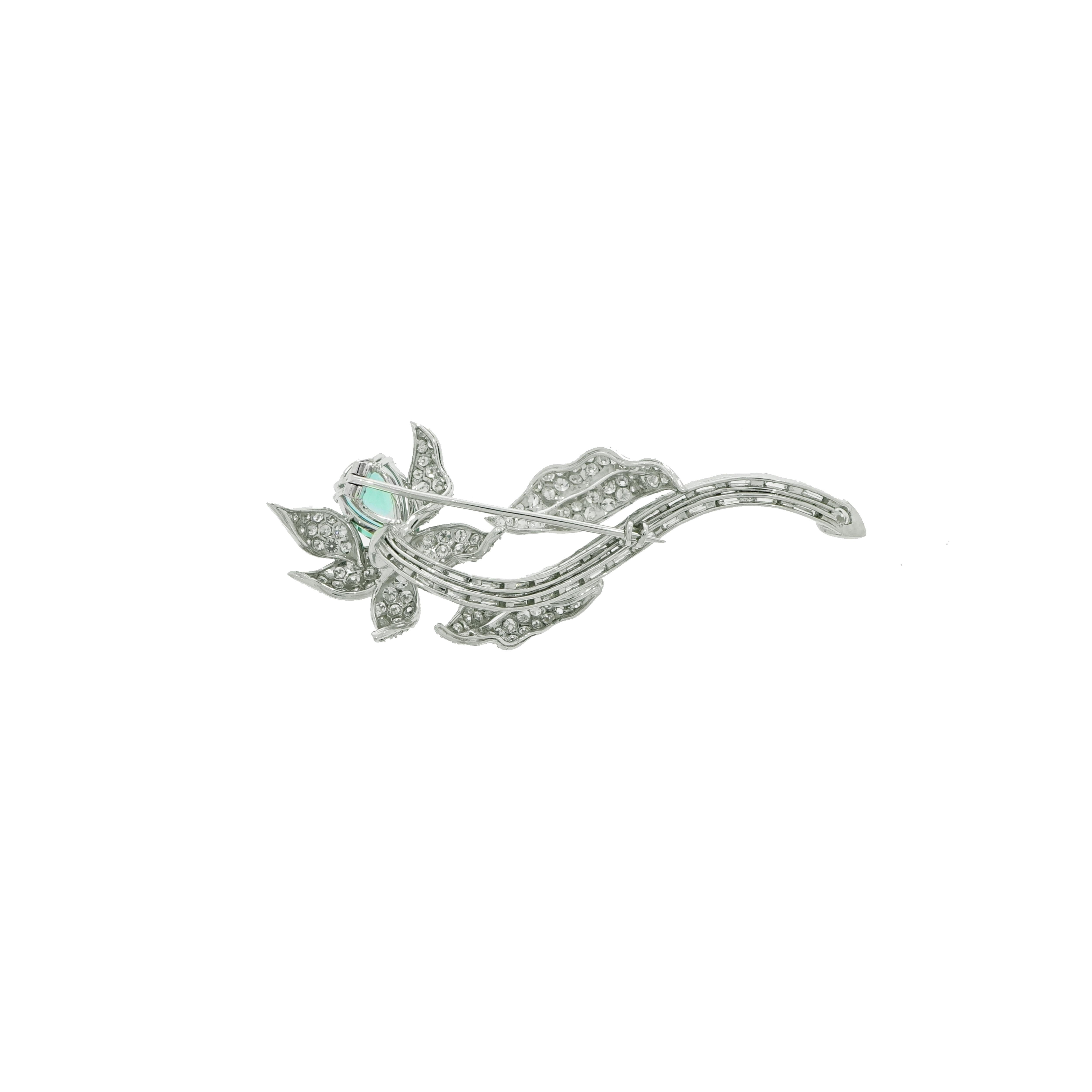Artist Platinum Pear Shaped Natural Beryl and Diamond Brooch For Sale