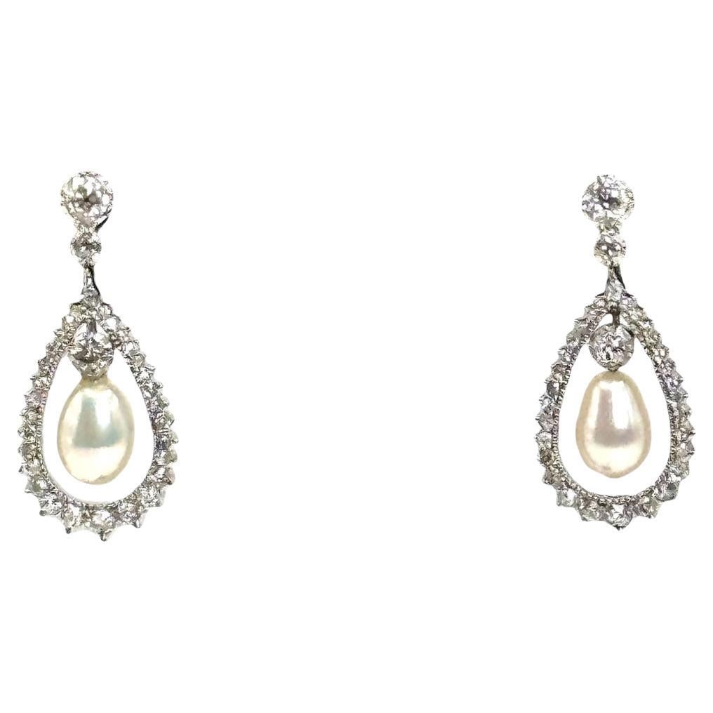 Platinum Diamond and Pearl Teardrop Earrings  Edwardian Revival Style
