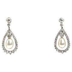 Platinum Diamond and Pearl Teardrop Earrings  Edwardian Revival Style