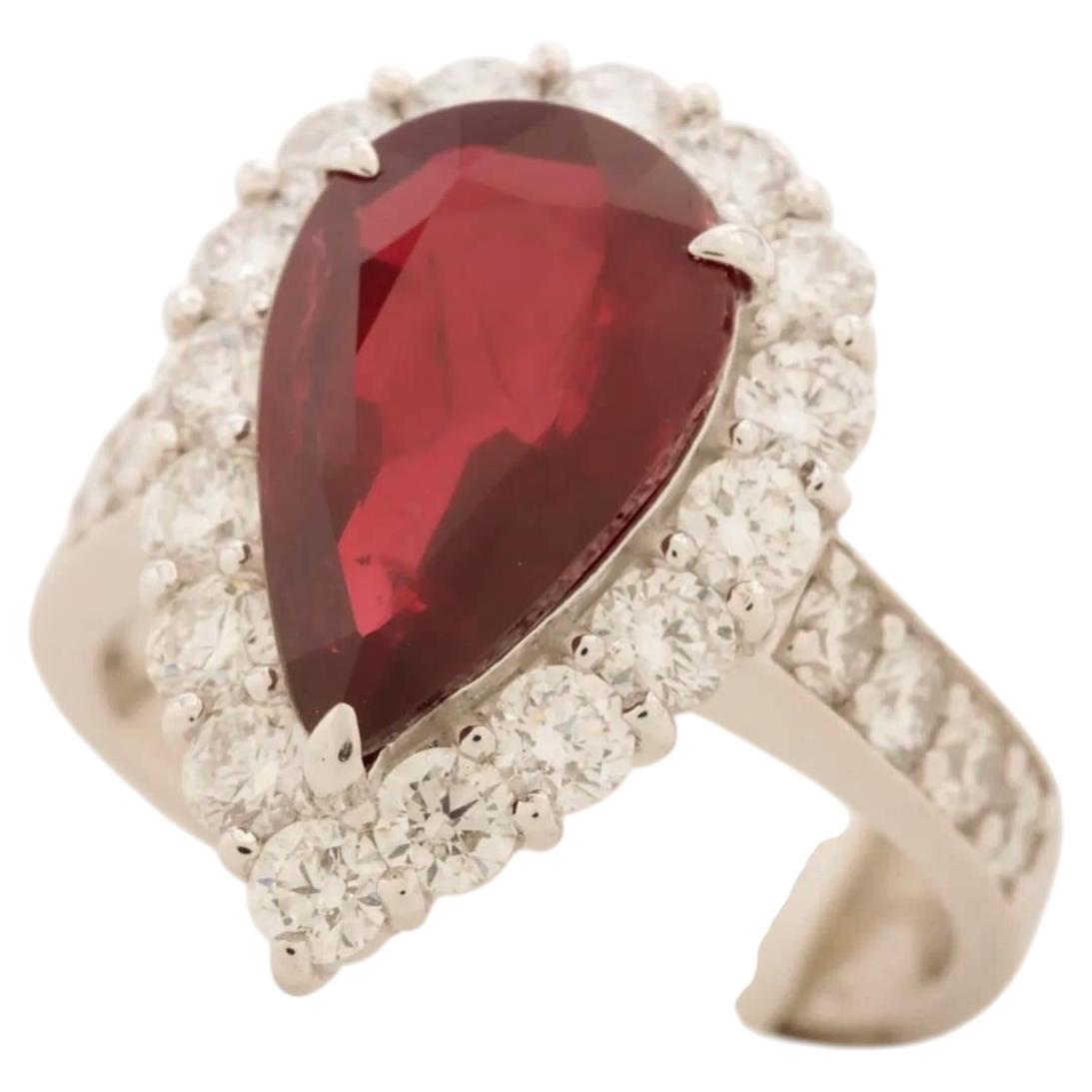 Platinum Pear-Shaped Ruby and Diamond Ring W/Certificate