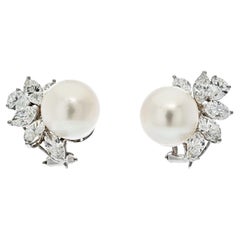Platinum Pearl and 6 Carats Diamond Estate Earrings